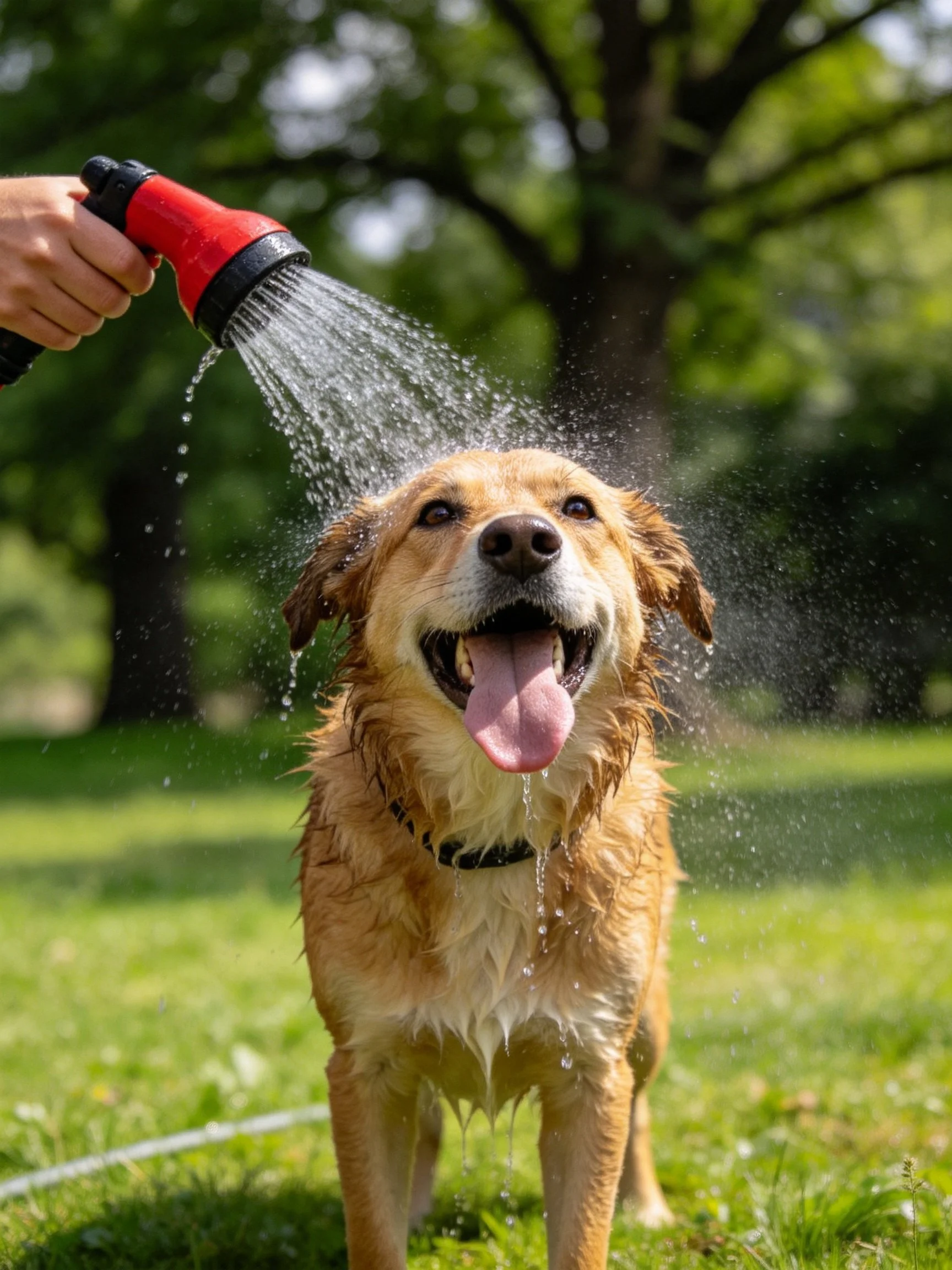 A golden retriever gets sprayed with a red hose outdoors