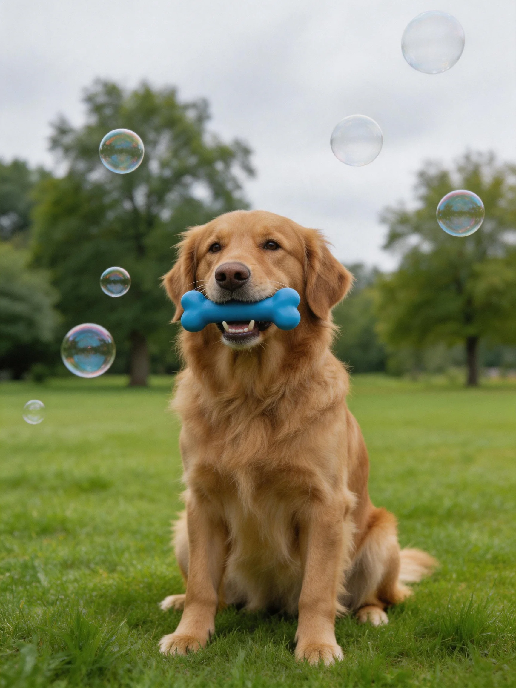 A golden retriever holds a blue toy while bubbles float in a green park.