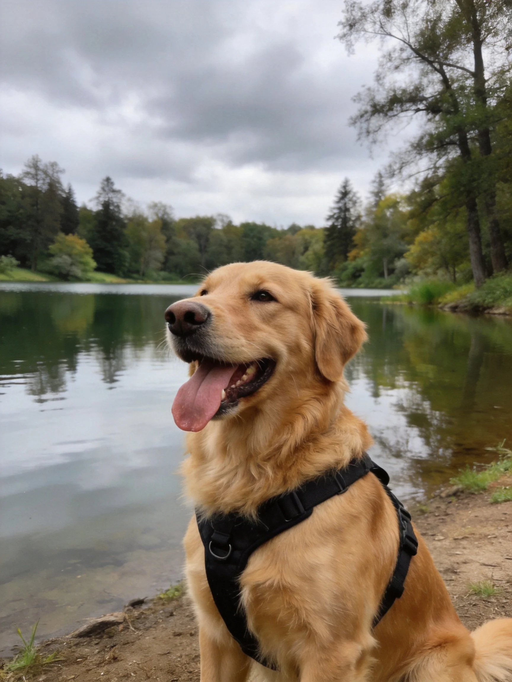 A golden retriever in a black harness relaxes by a calm lake amid green trees.