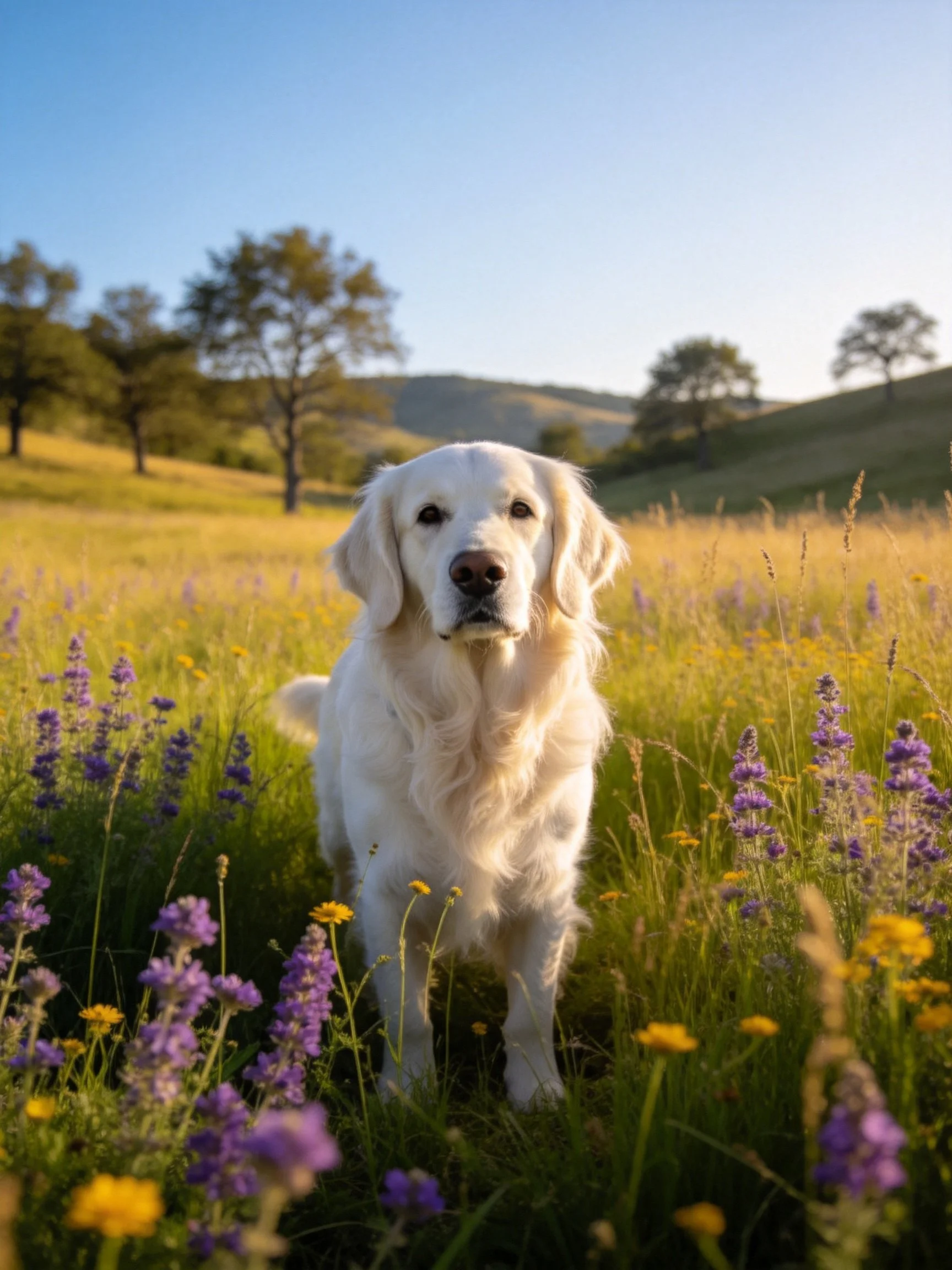 A golden retriever stands among colorful wildflowers in a sunny countryside.