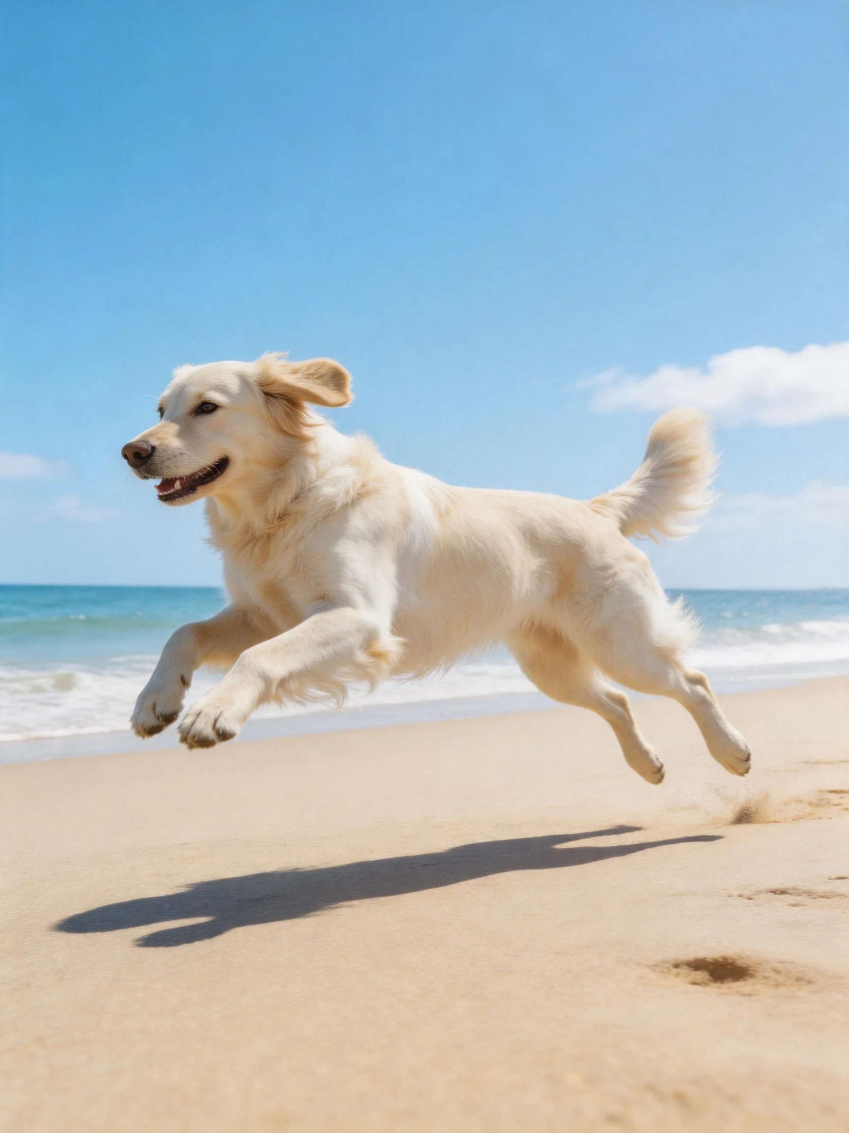 A golden retriever joyfully leaps on a sunny sandy beach