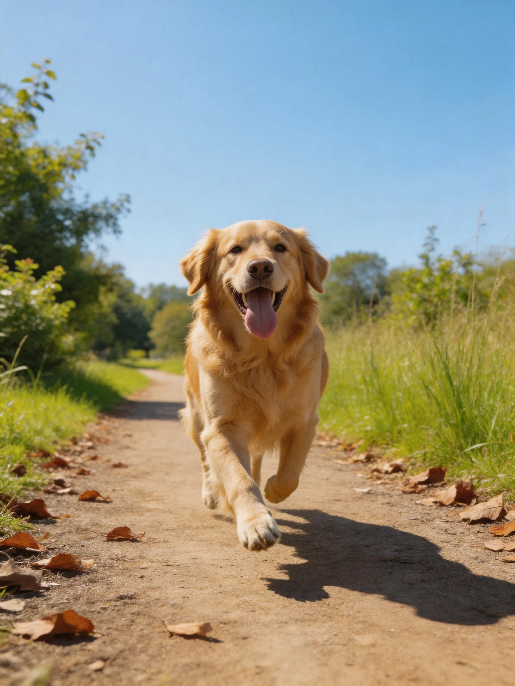 A golden retriever runs energetically on a sunny dirt path surrounded by greenery.