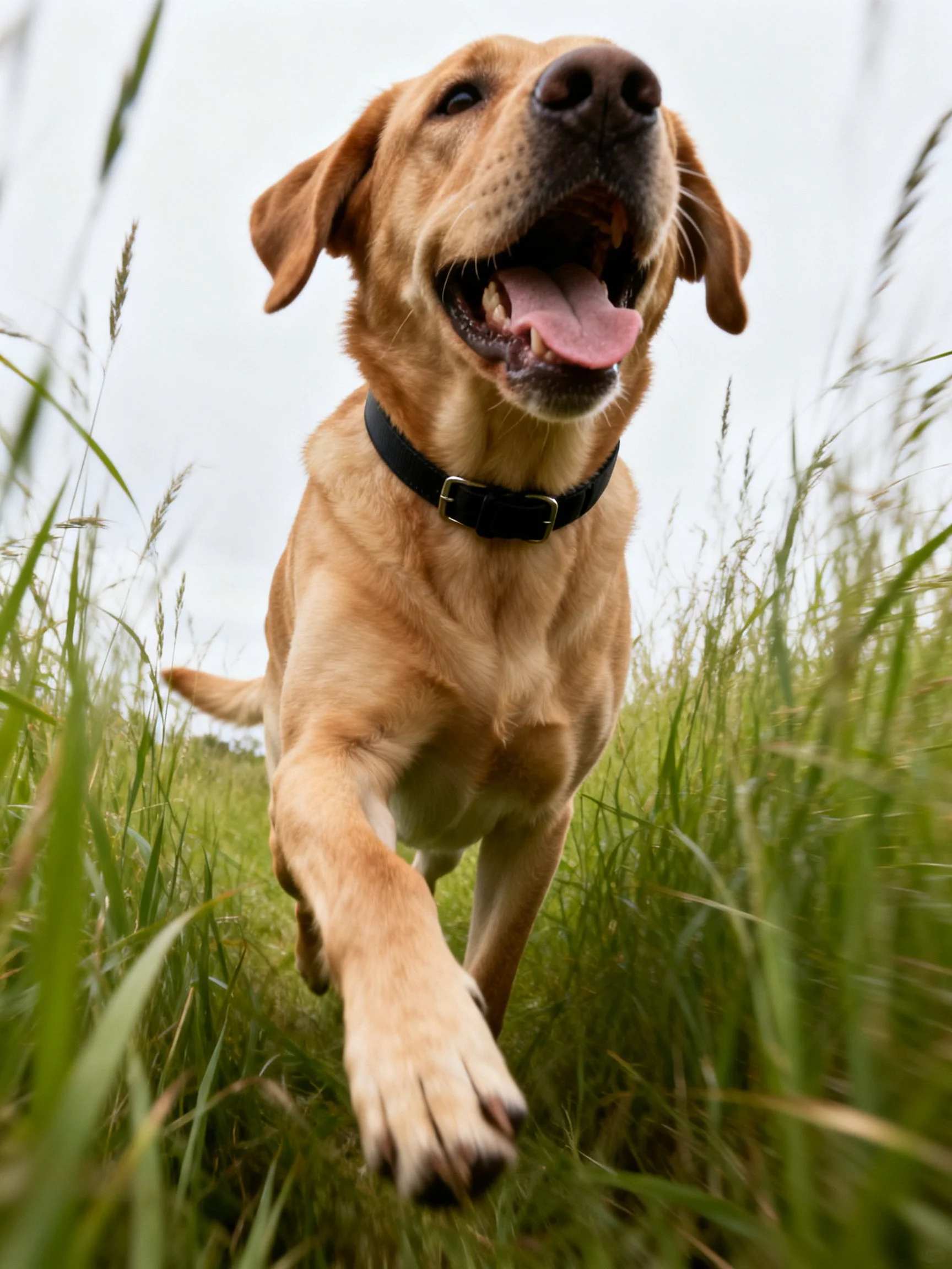 A golden retriever joyfully running through tall green grass