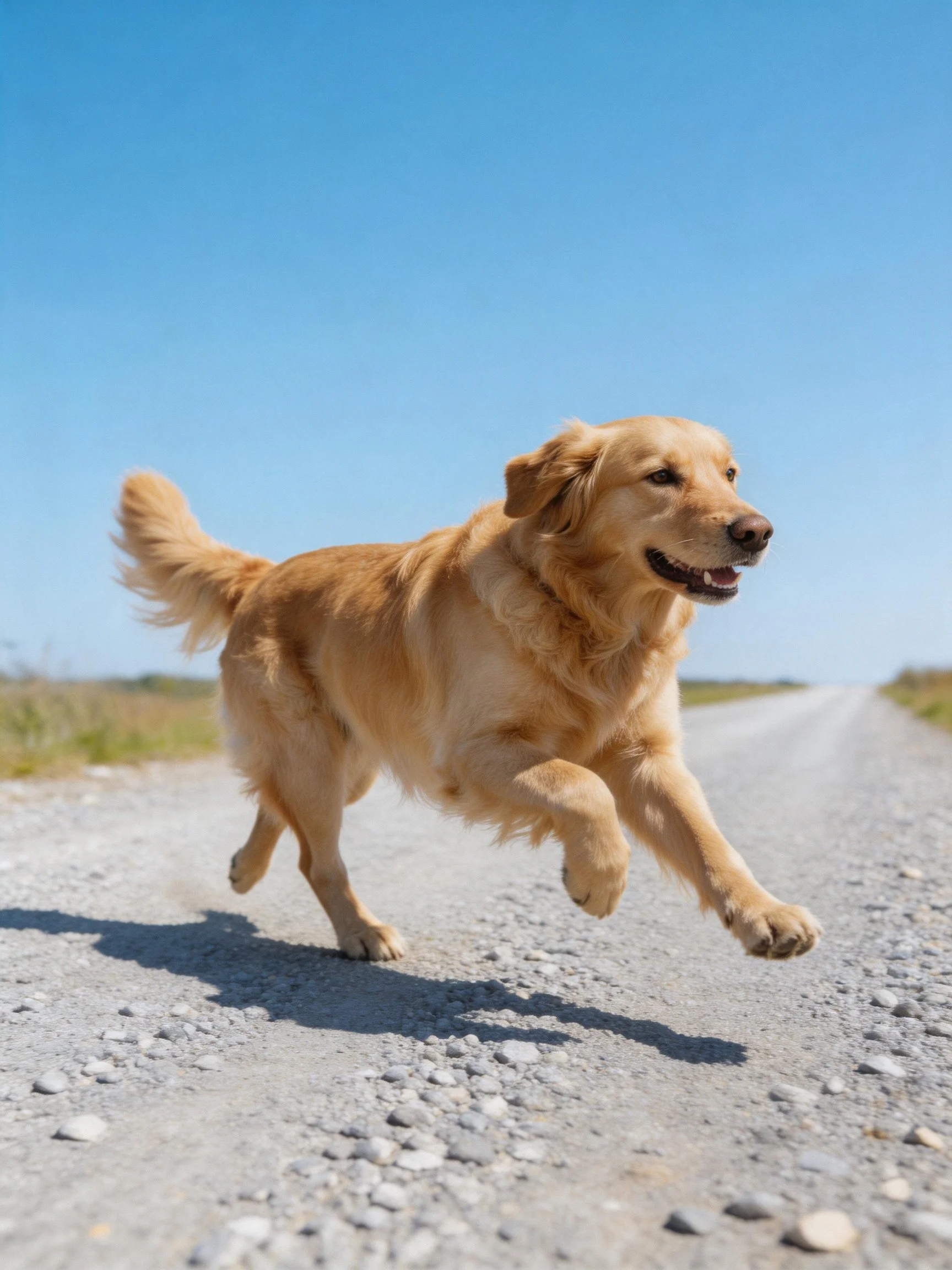 A golden retriever runs energetically on a gravel road in bright daylight.