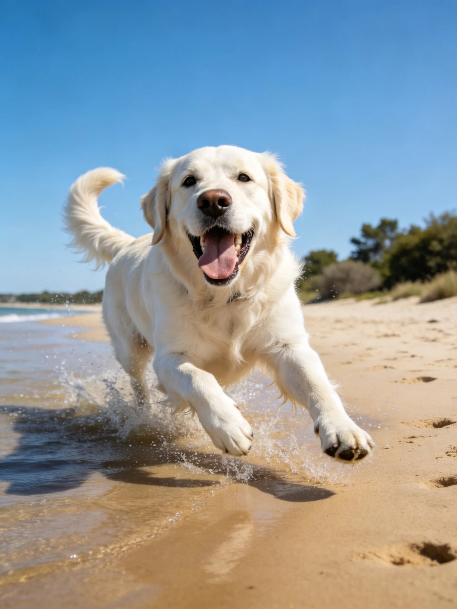 A golden retriever runs energetically near the waters edge on a sunny day.