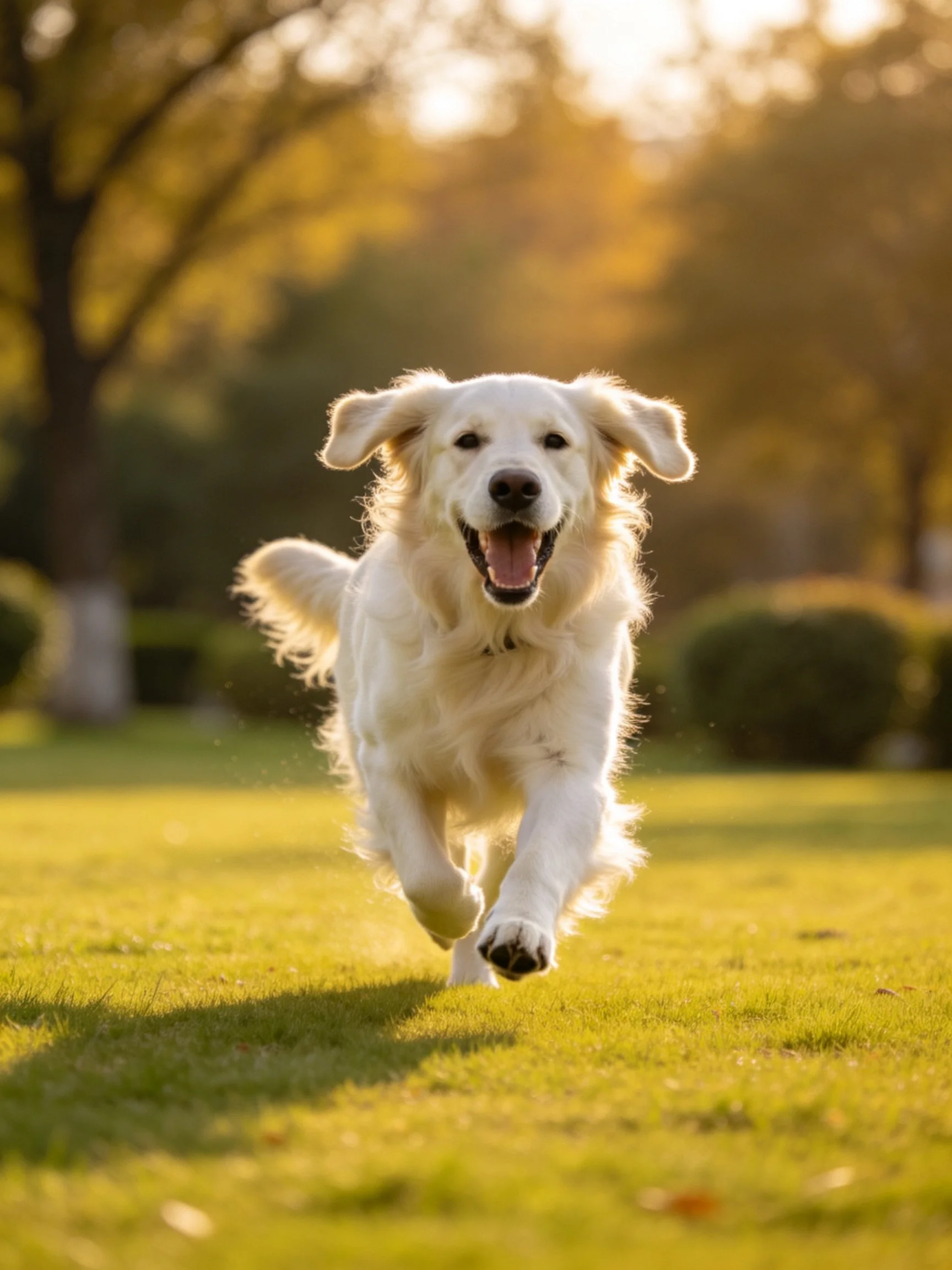 A golden retriever runs joyfully on sunlit grass in a park setting