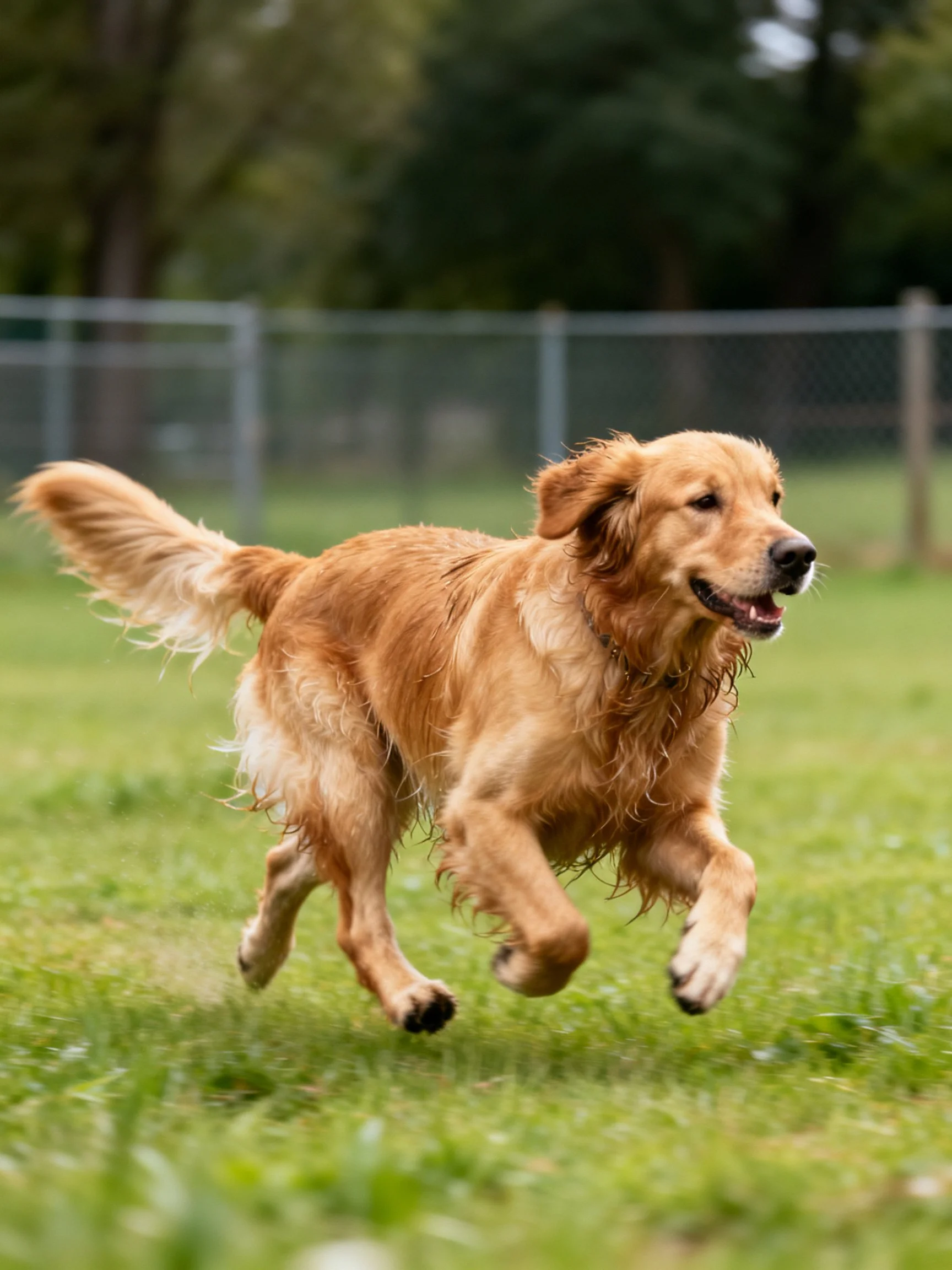 A golden retriever runs energetically on a grassy area near a chain-link fence.