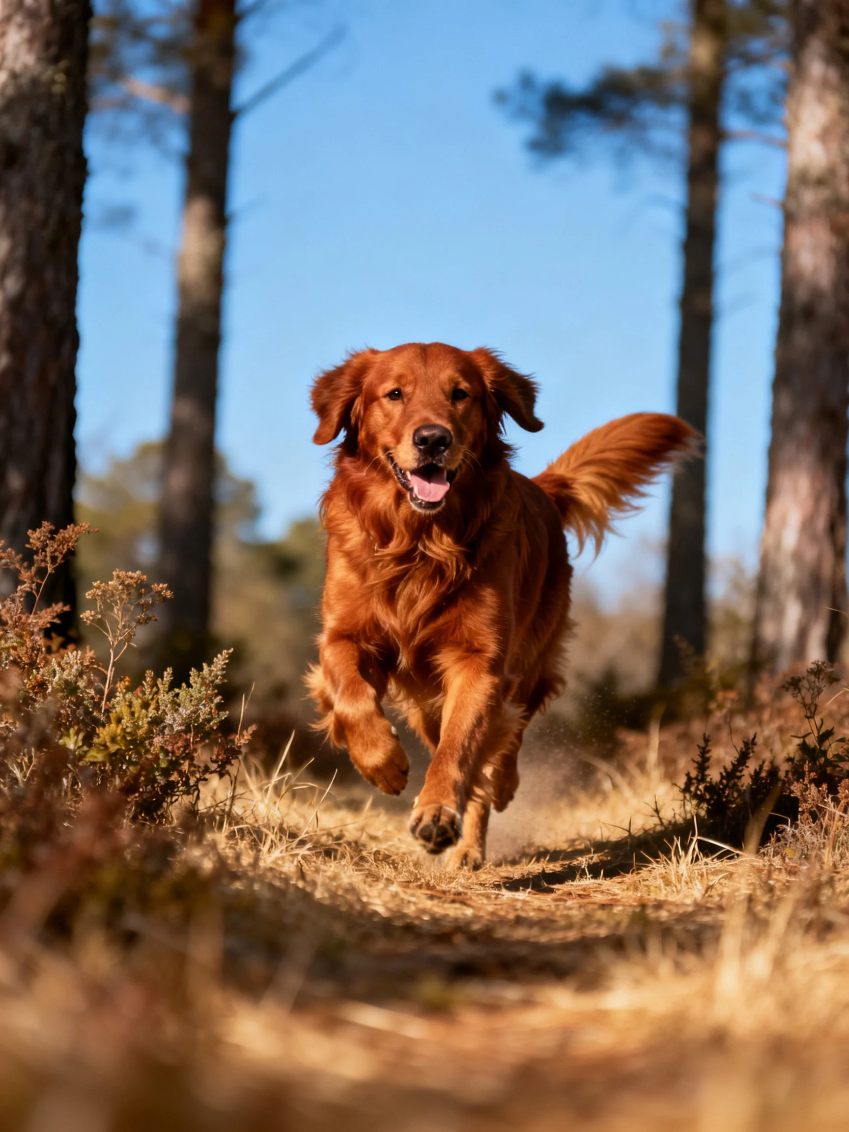 A golden retriever joyfully runs along a sunlit forest path.