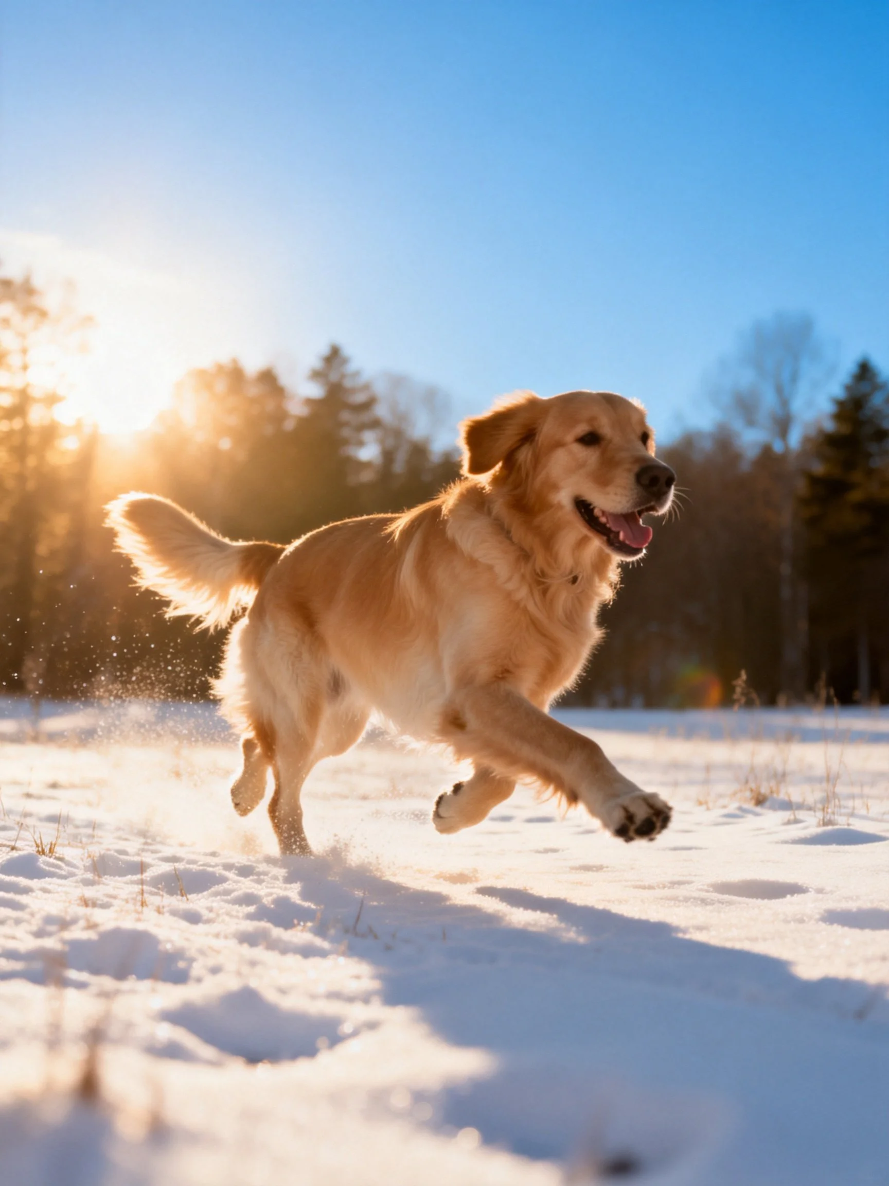 A golden retriever happily runs through snow in a sunlit outdoor setting.
