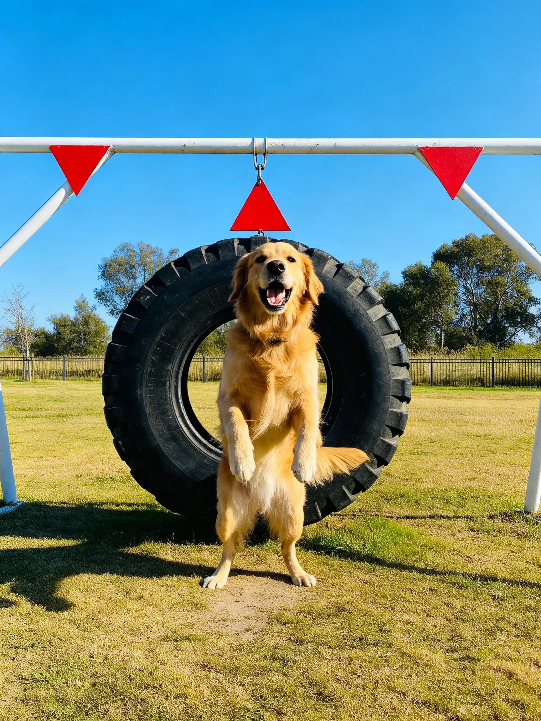 A golden retriever jumps through a large black tire with red triangular markers