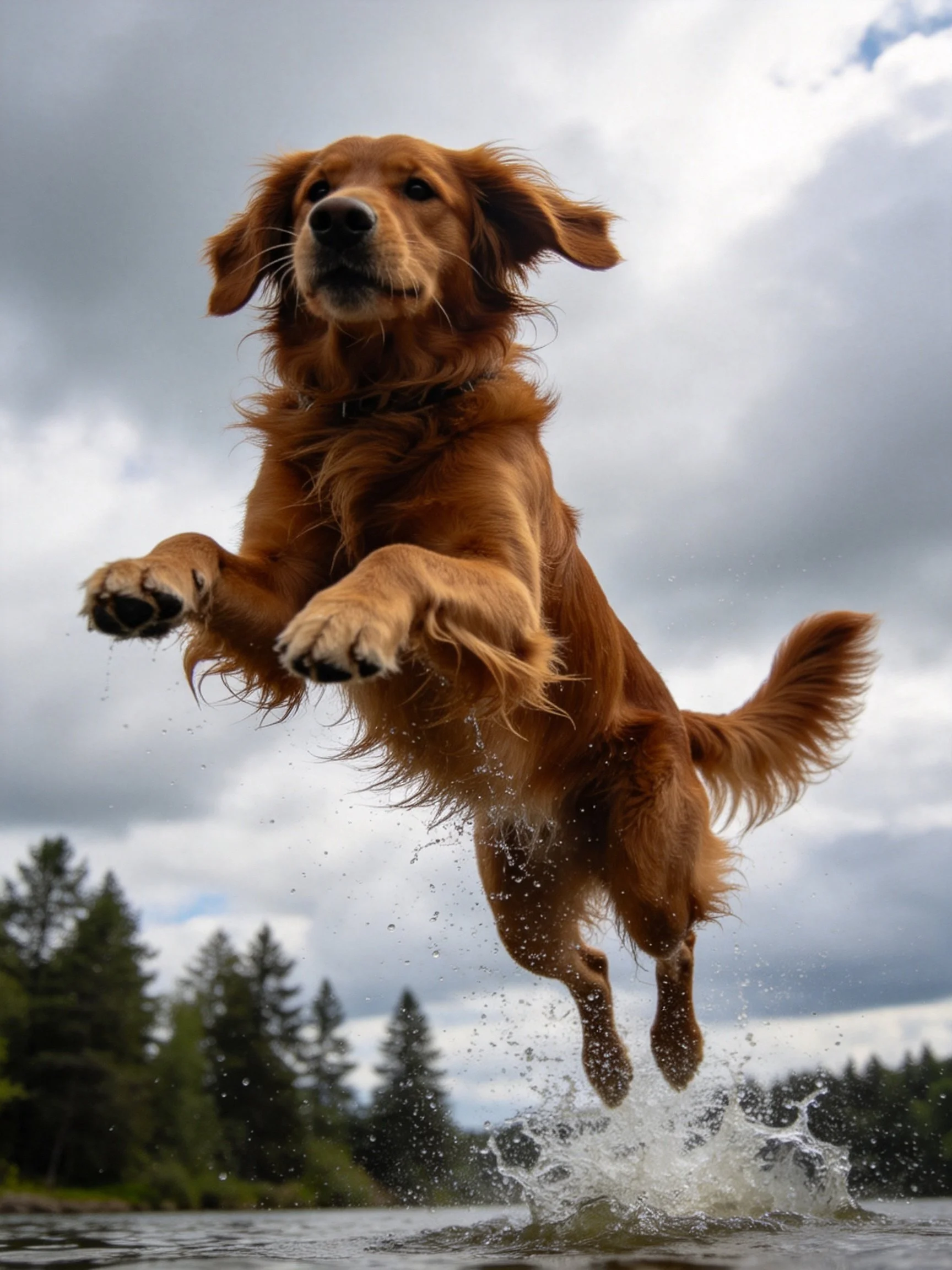 A golden retriever jumps into water with splashing droplets
