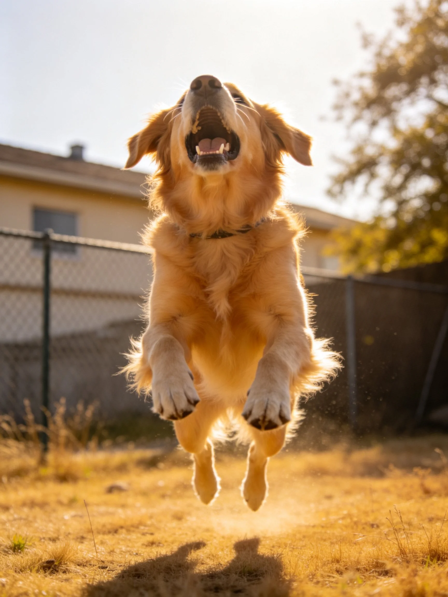 A golden retriever jumps energetically in a sunlit backyard.