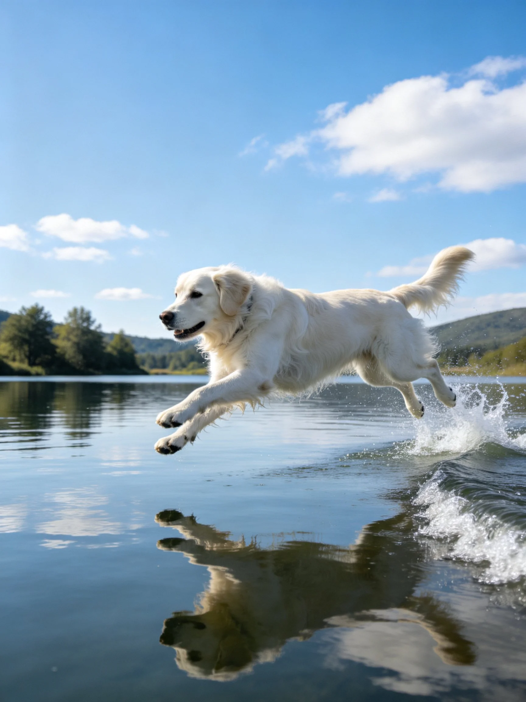 A golden retriever jumps into a calm body of water on a sunny day