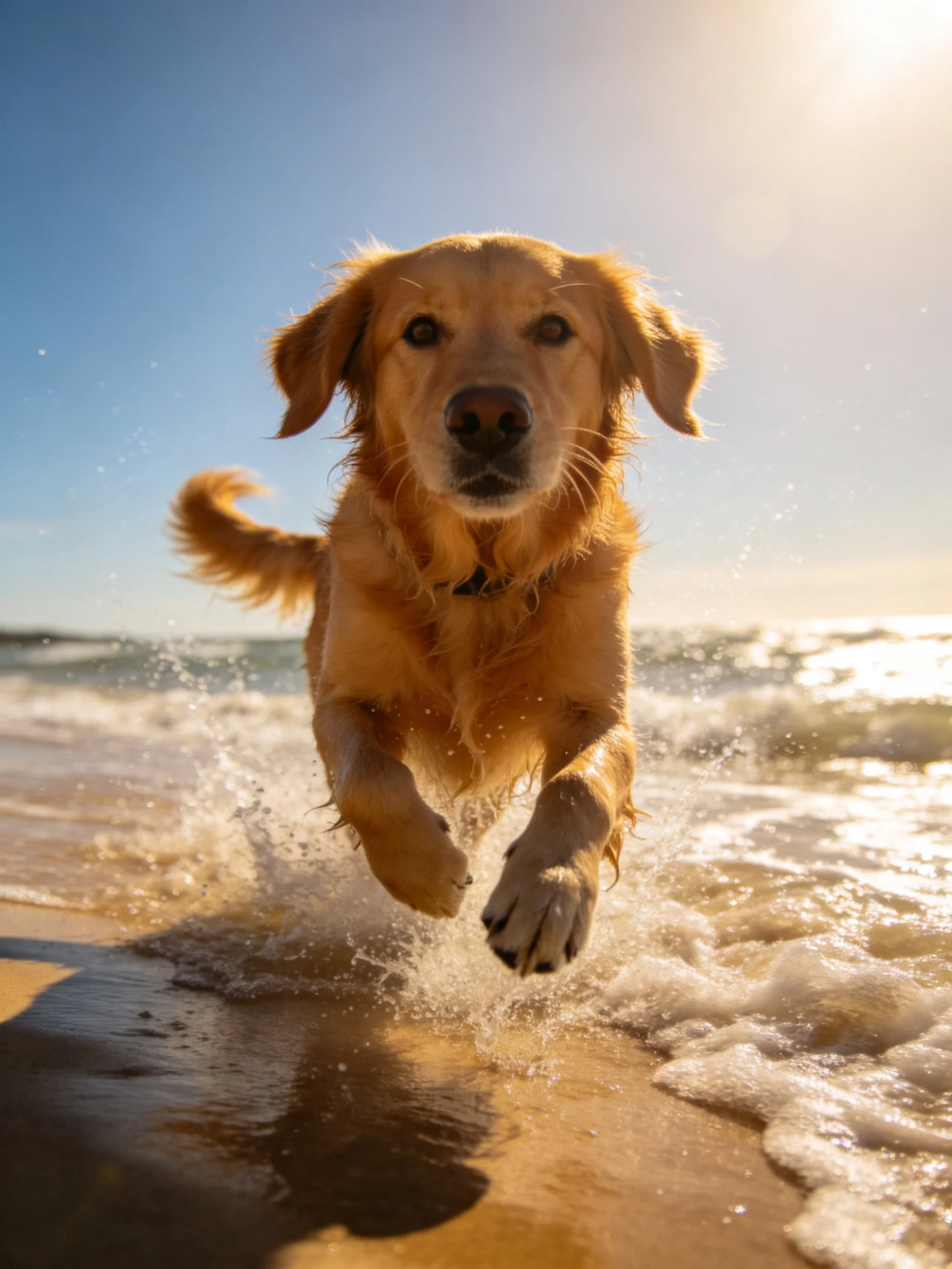 A golden retriever runs toward the camera amid splashing ocean waves