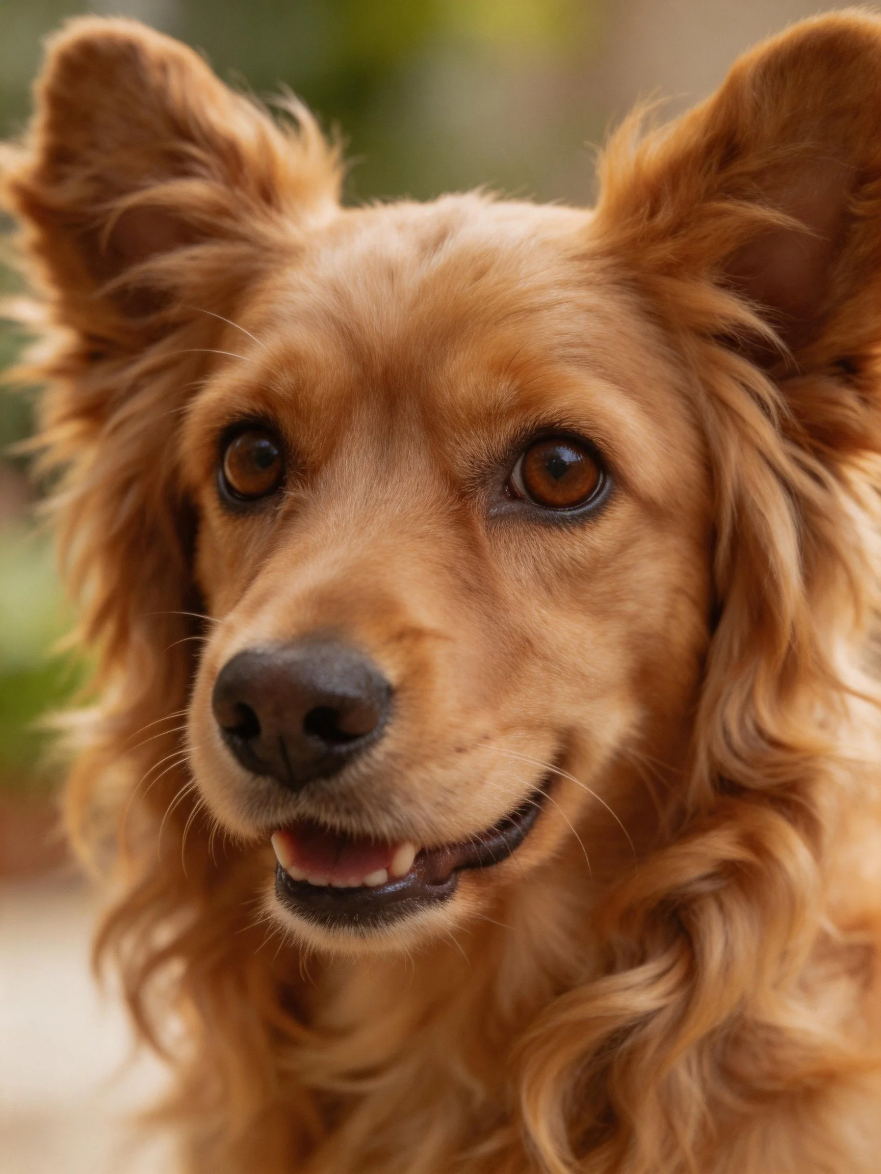 A golden retriever mix with perked ears and expressive eyes