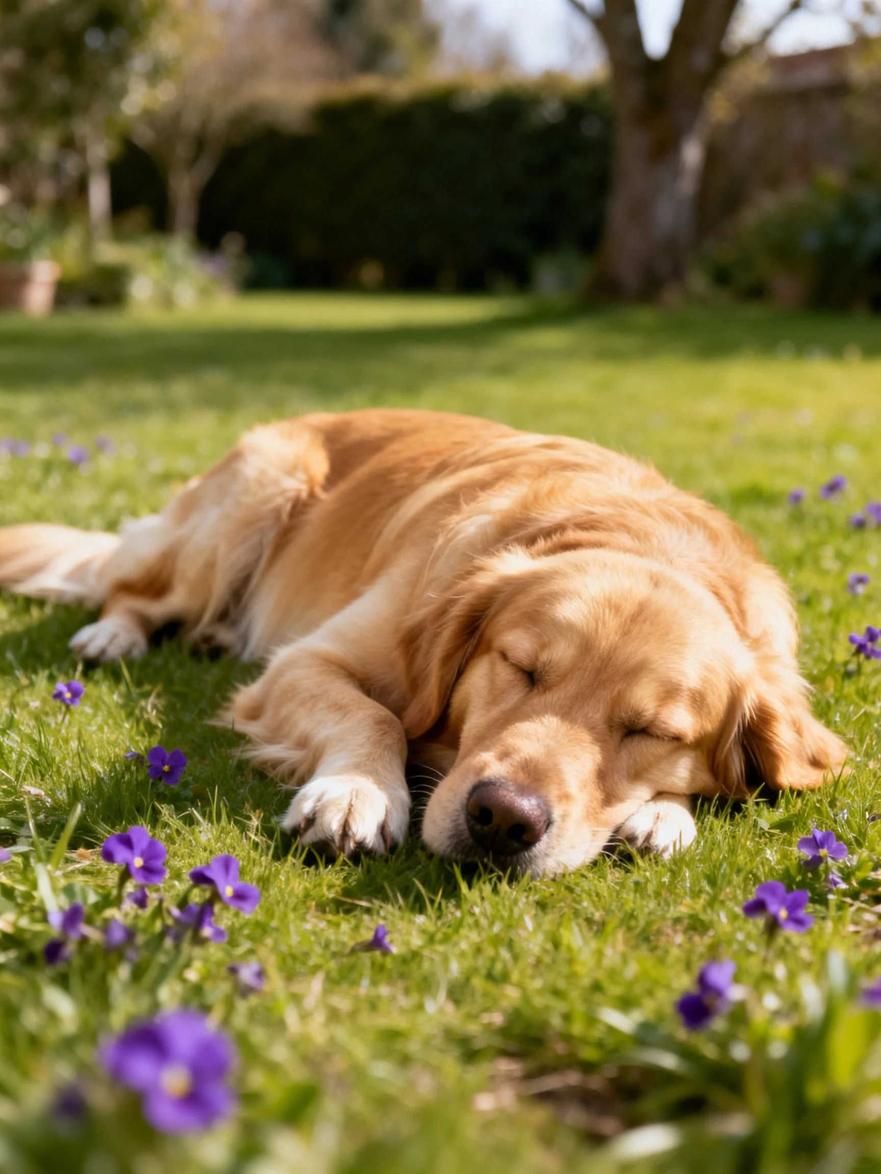 A golden retriever sleeps peacefully amid purple flowers and green grass in a sunlit garden.