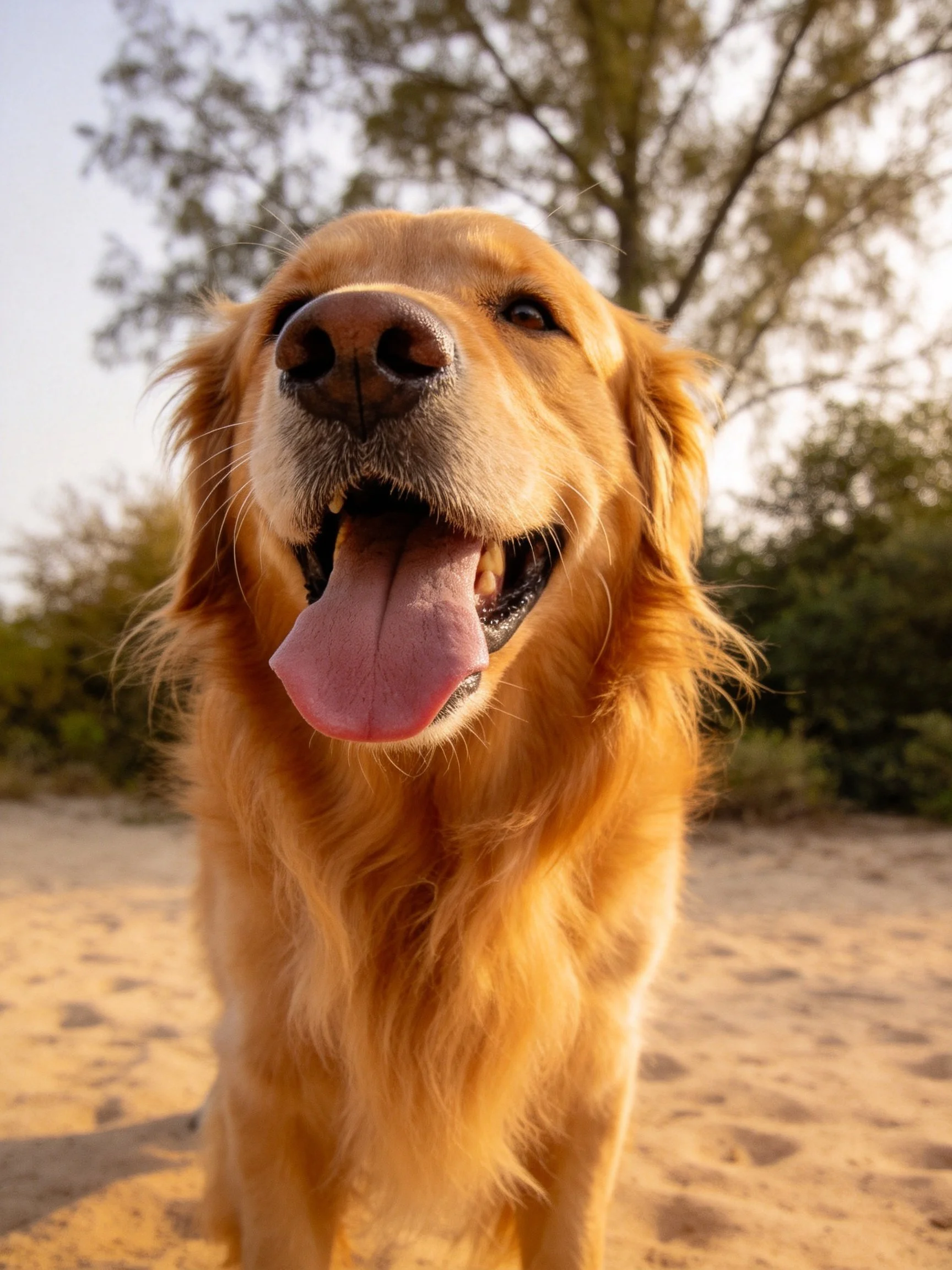 A golden retriever enjoys the outdoor environment on sandy ground with trees.
