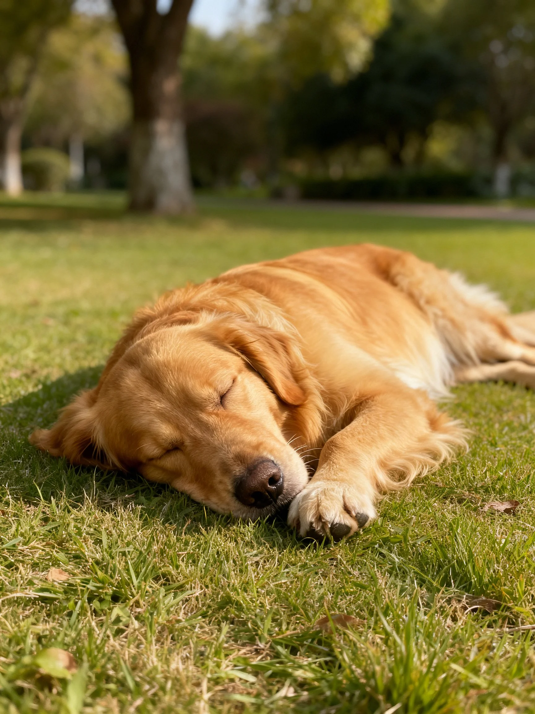 A golden retriever peacefully sleeps on lush green grass in a sunny park