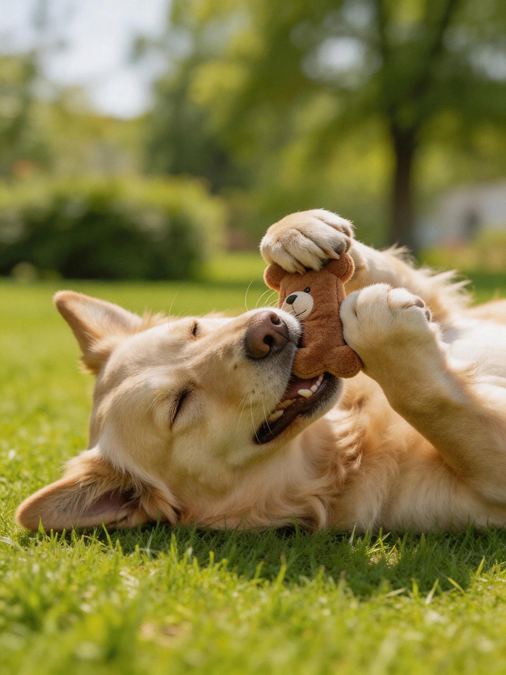 A golden retriever plays with a small brown teddy on lush green grass