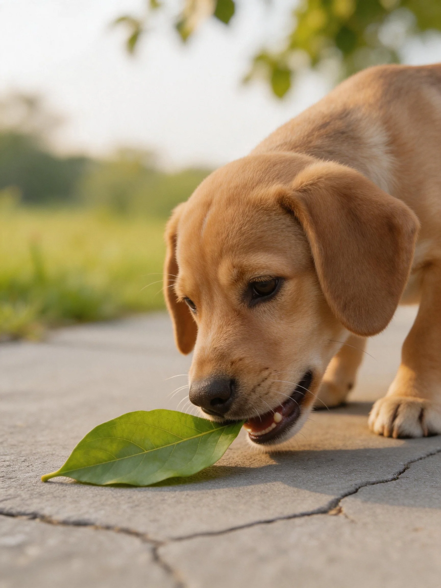 A golden retriever puppy carries a large green leaf while standing on cracked pavement.