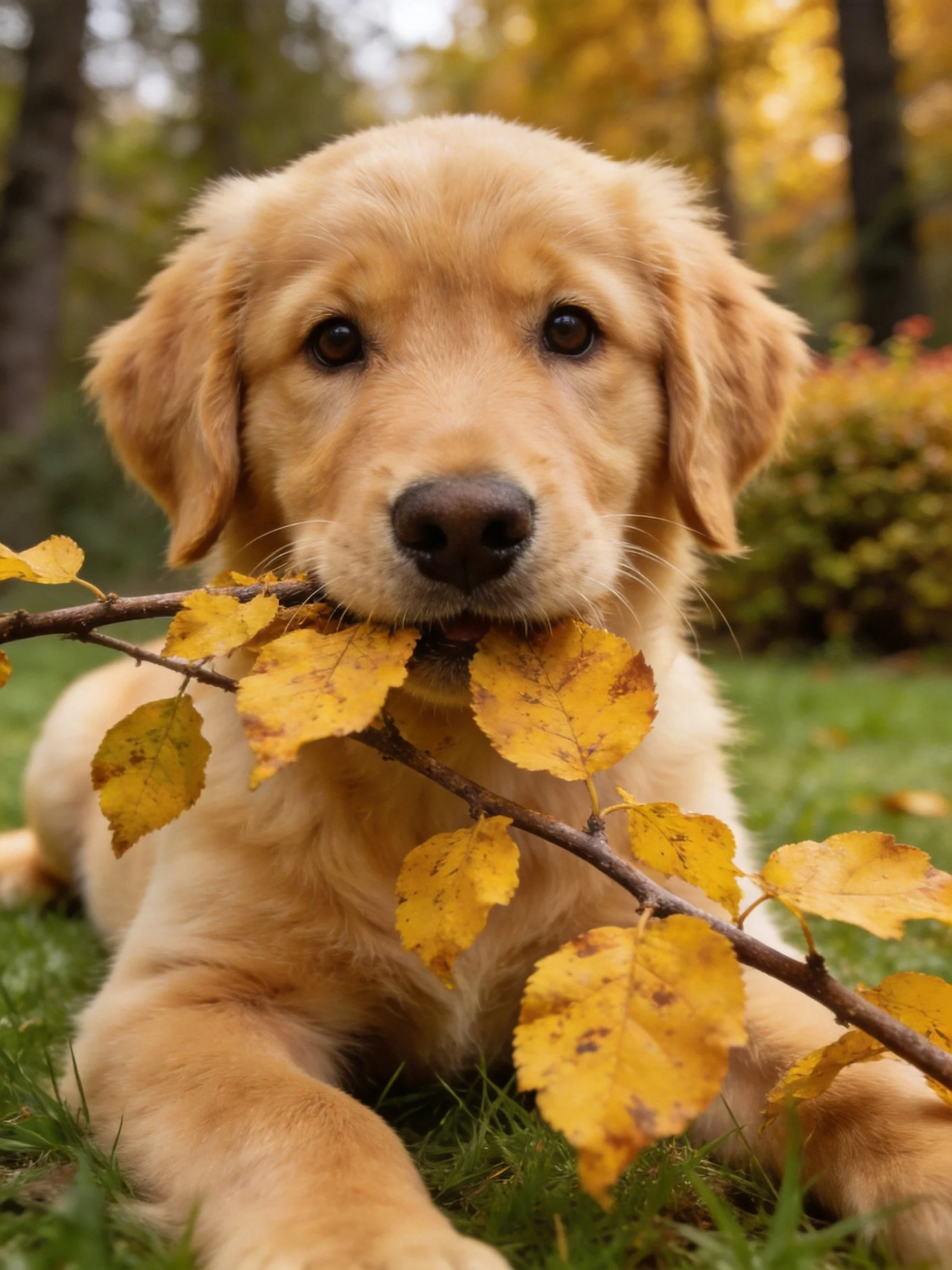 A golden retriever puppy plays with a branch of yellow autumn leaves outdoors.