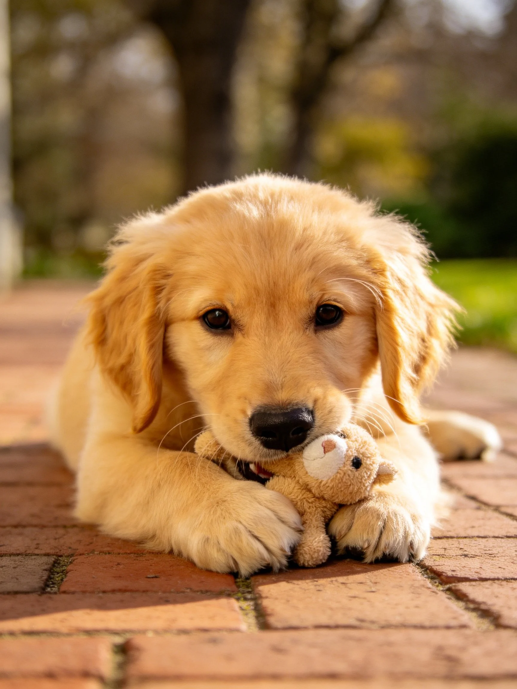A golden retriever puppy cuddles a small stuffed toy on brick pavement
