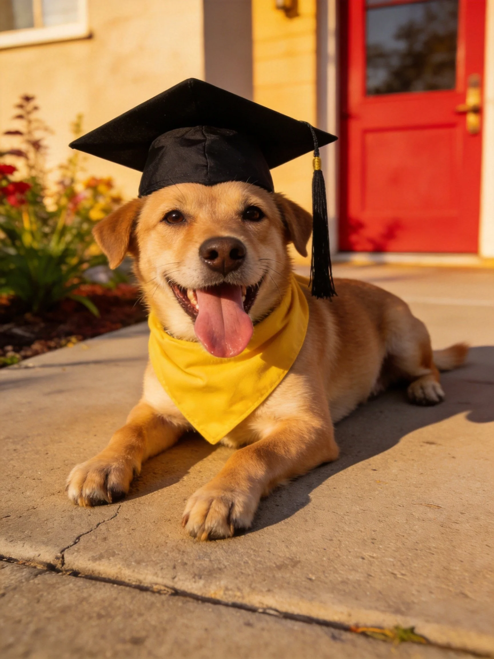 A golden retriever puppy wears a graduation cap outdoors.