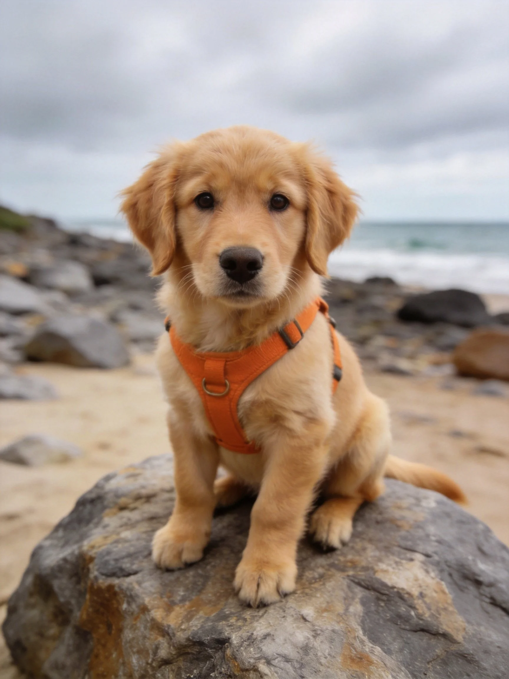 A golden retriever puppy with an orange harness rests on a rocky beach by the sea.
