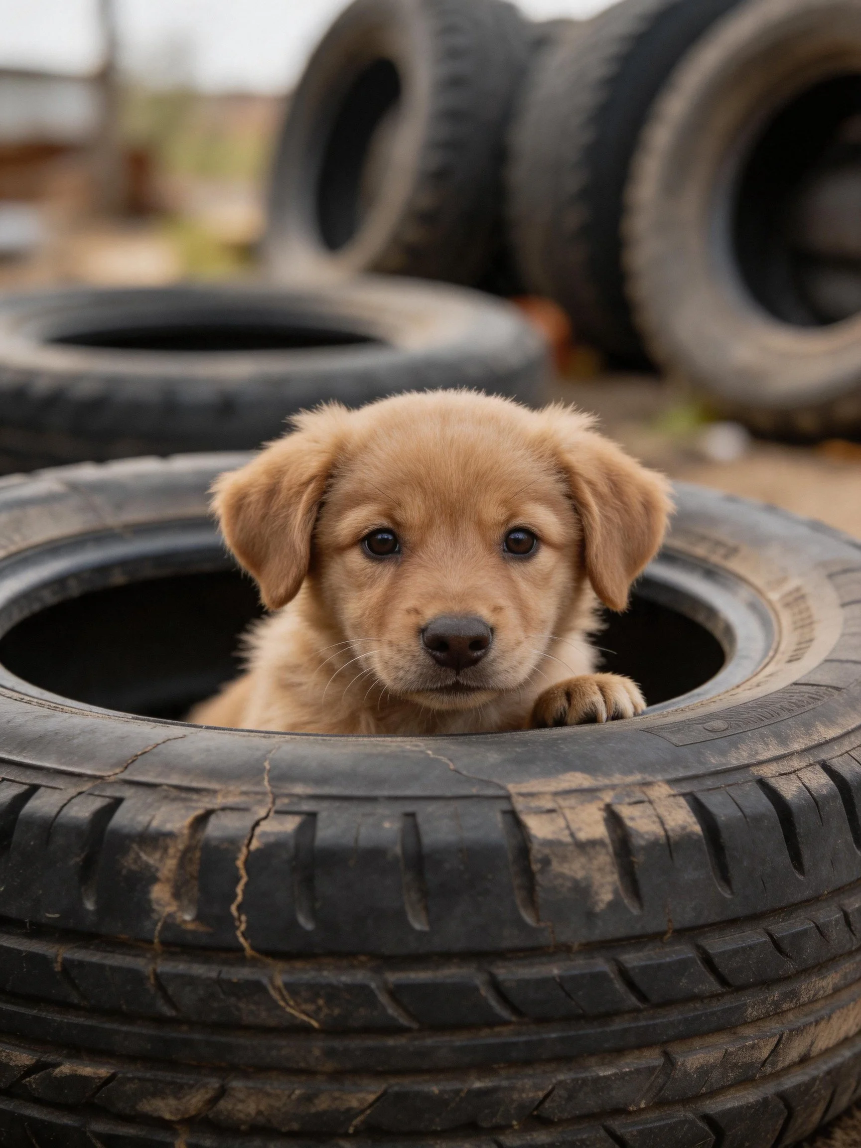 A golden retriever puppy peeks from among stacked used car tires.