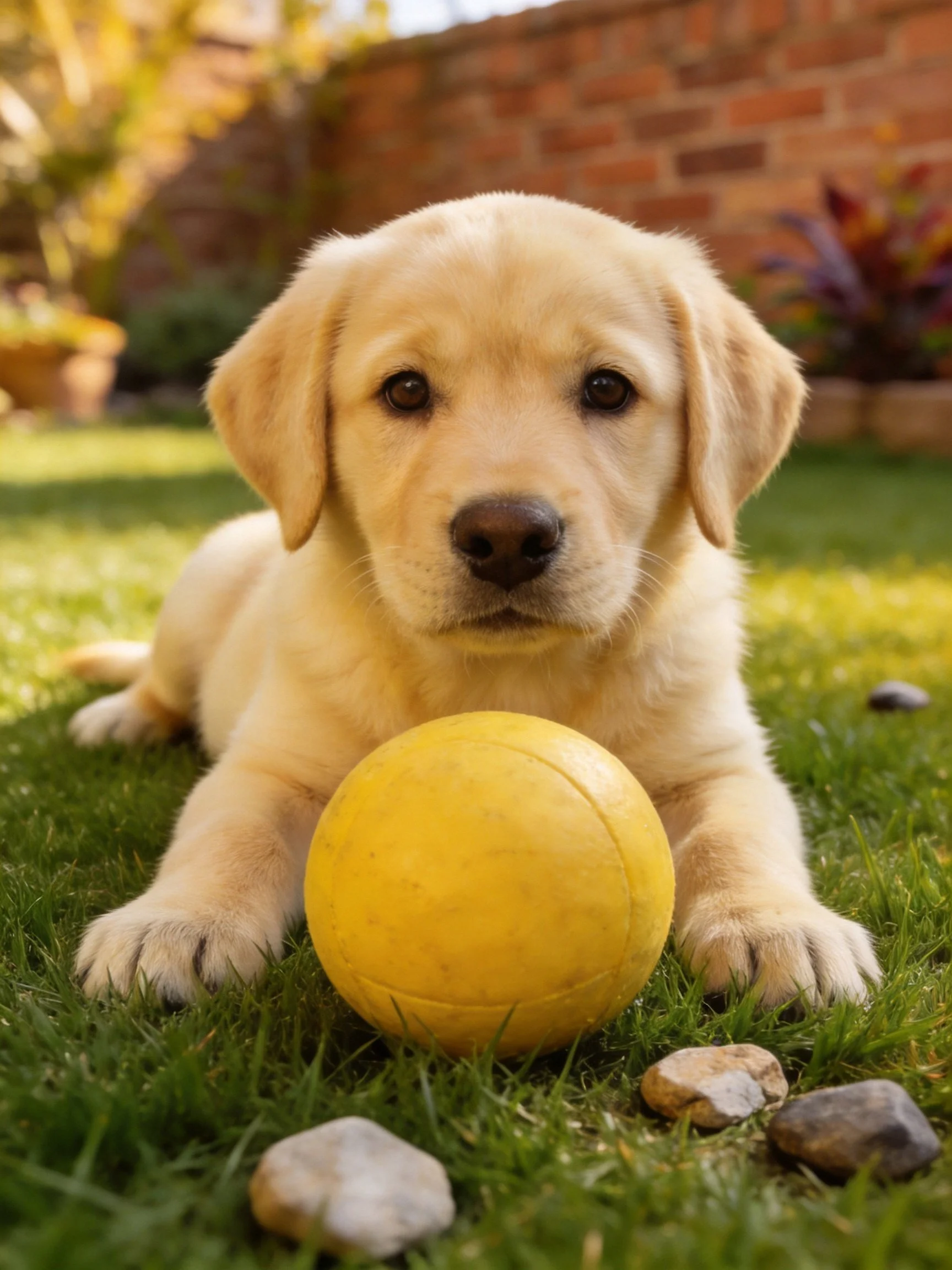 A golden retriever puppy rests beside a yellow ball in a sunny garden.