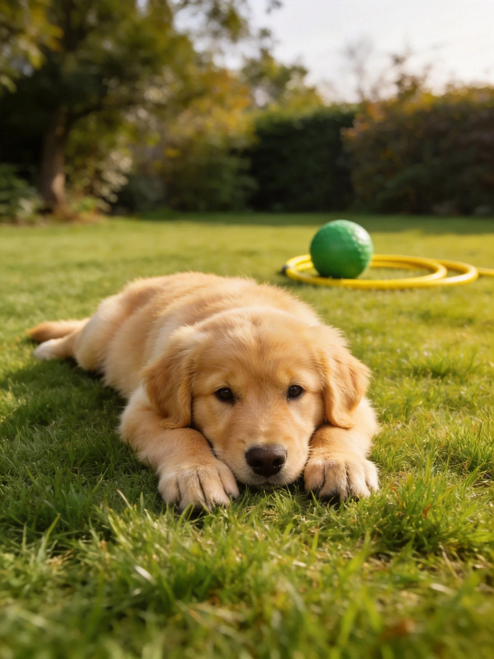 A golden retriever puppy relaxes on grass with toys in a sunlit yard.