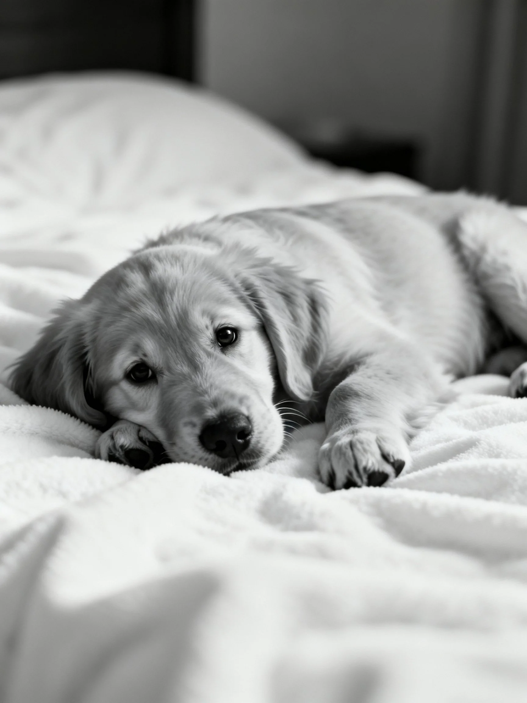 A golden retriever puppy lounging on a fluffy white bedspread