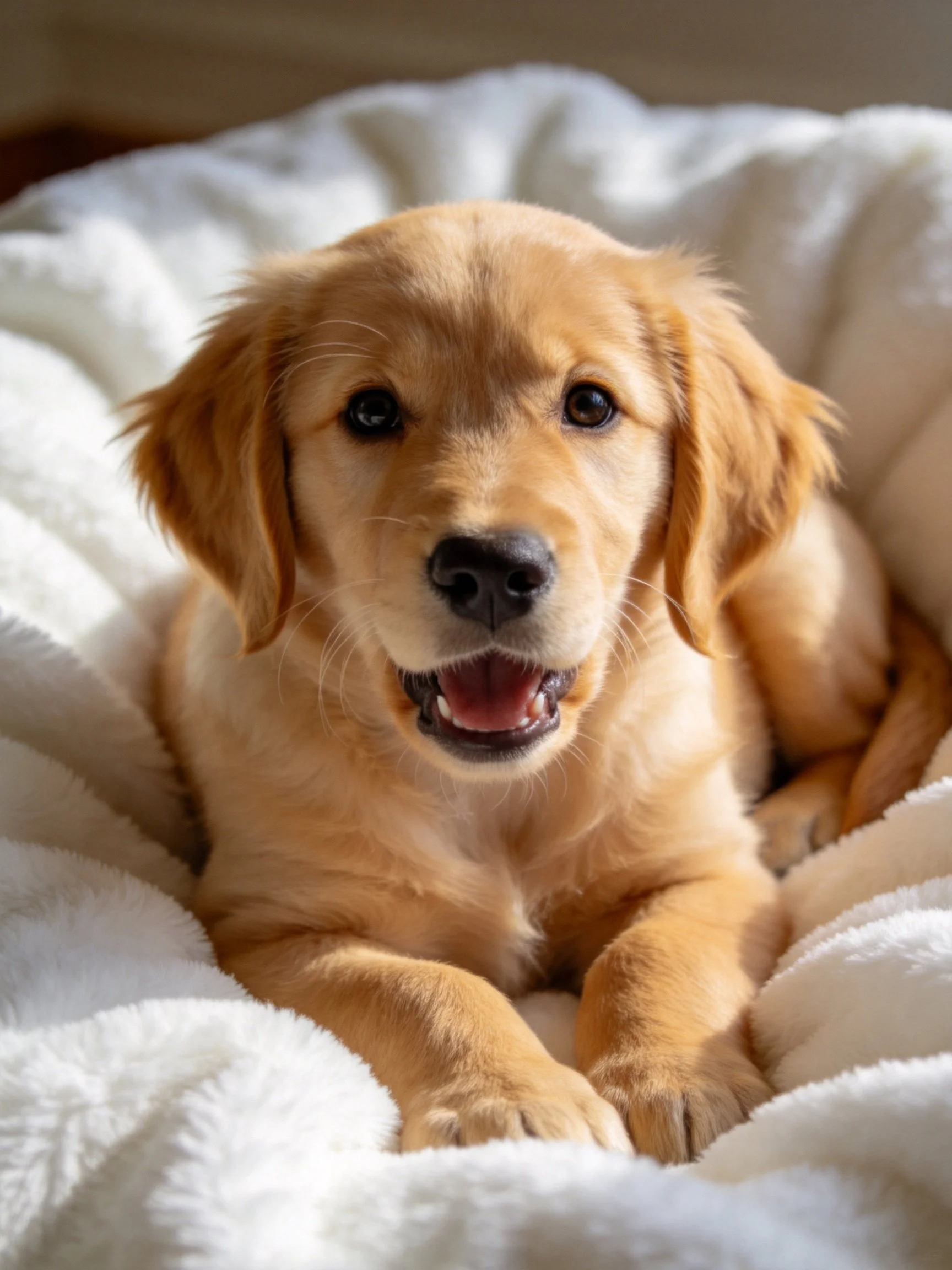 A golden retriever puppy lounging on a plush white blanket