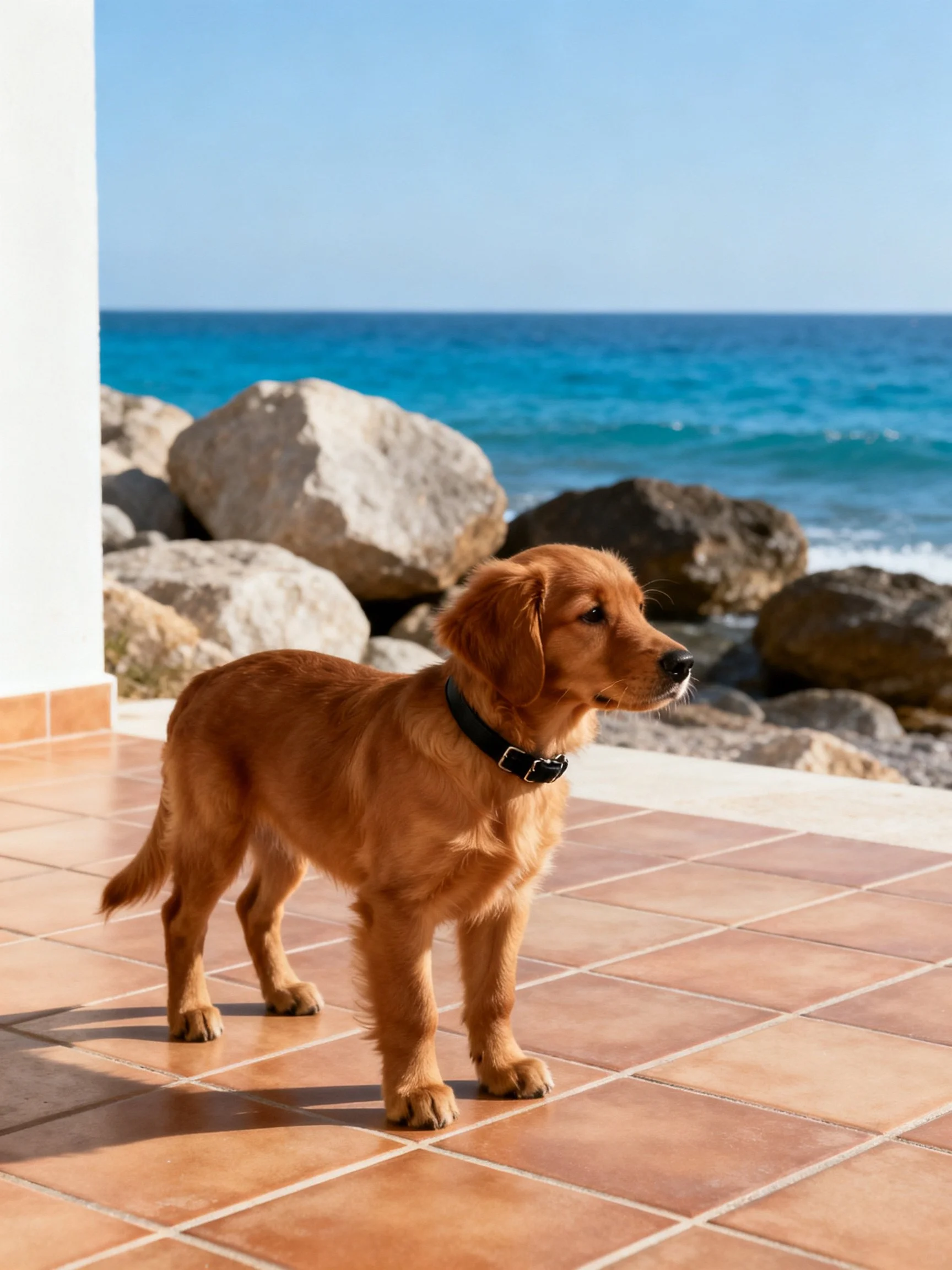 A golden retriever puppy on terracotta tiles by rocky seaside