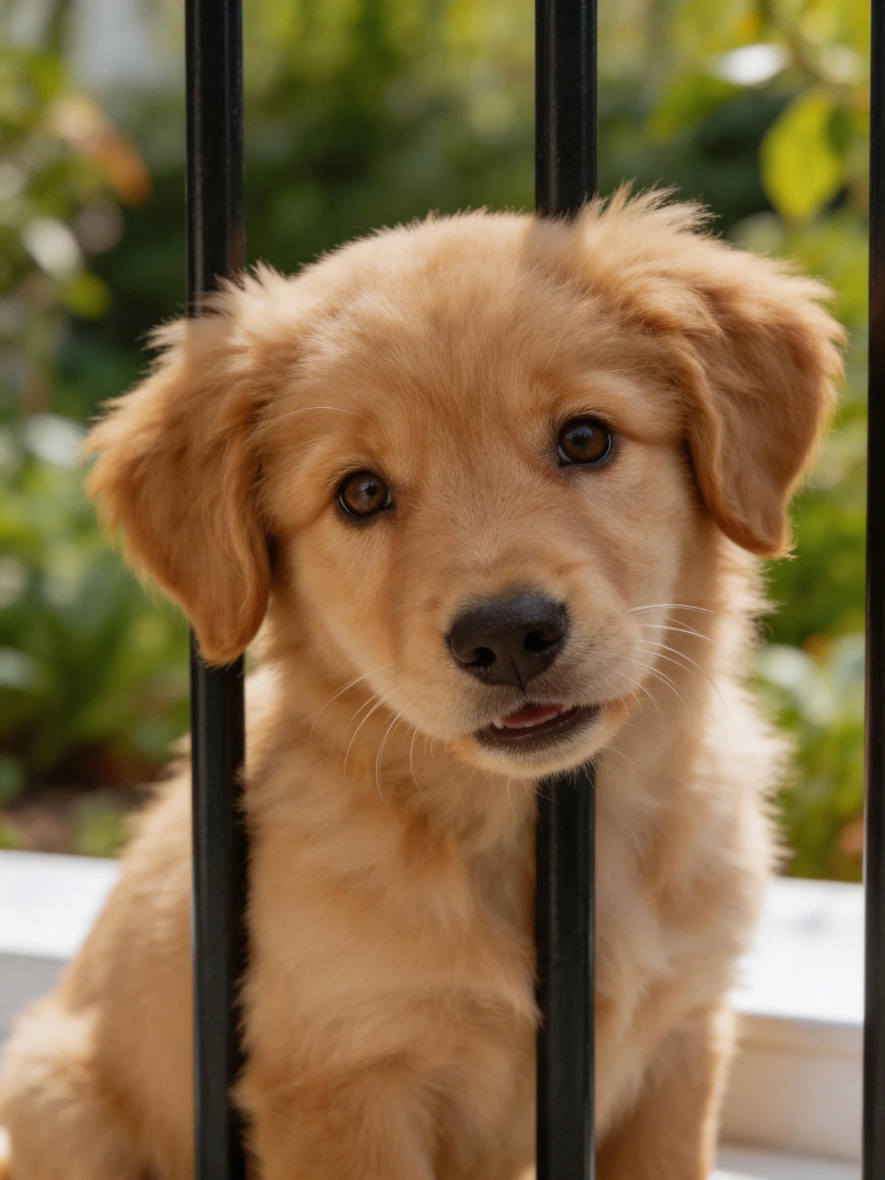 A golden retriever puppy gazes toward the viewer from behind black metal bars.