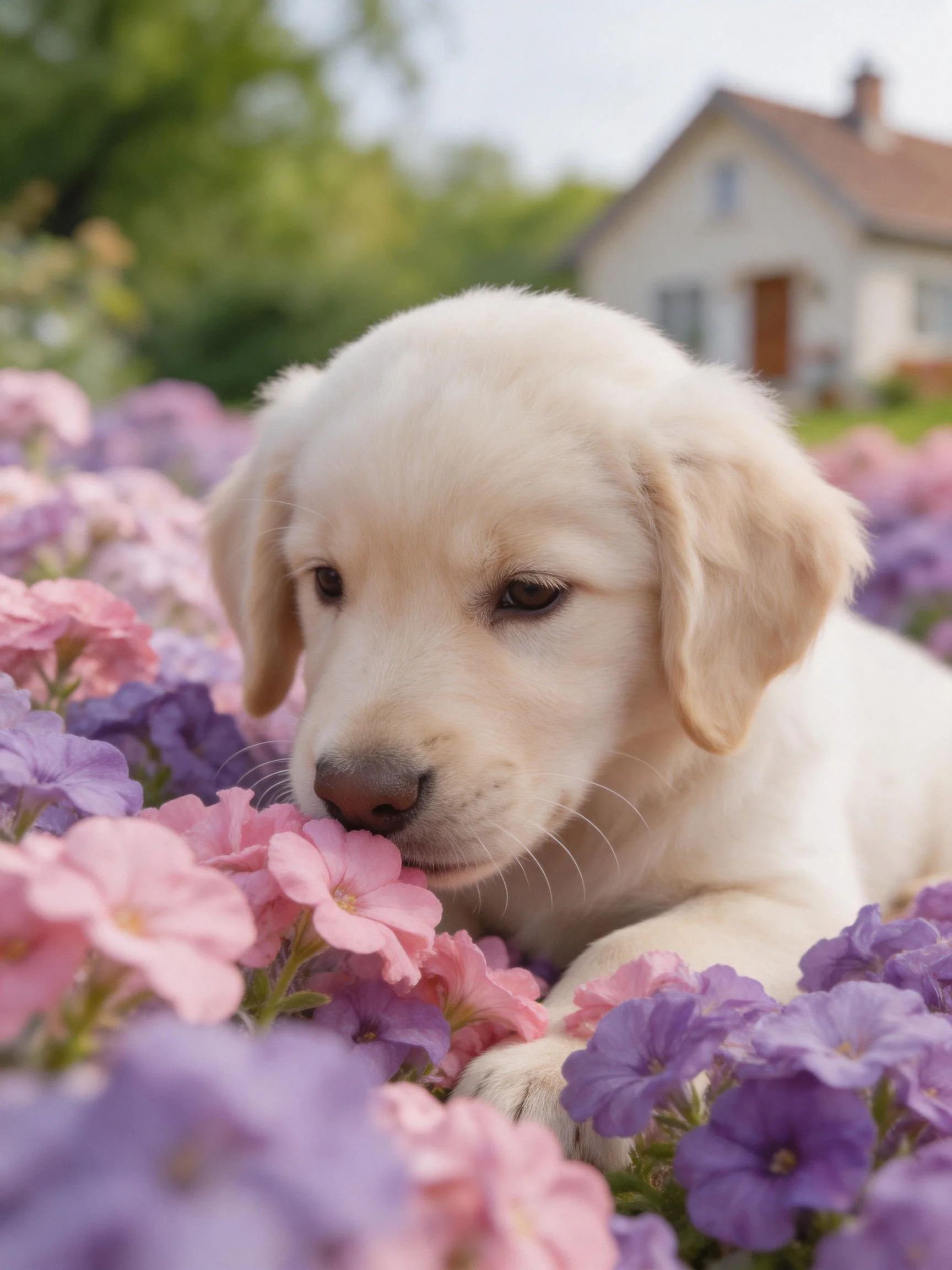 A golden retriever puppy relaxes among colorful flowers near a house