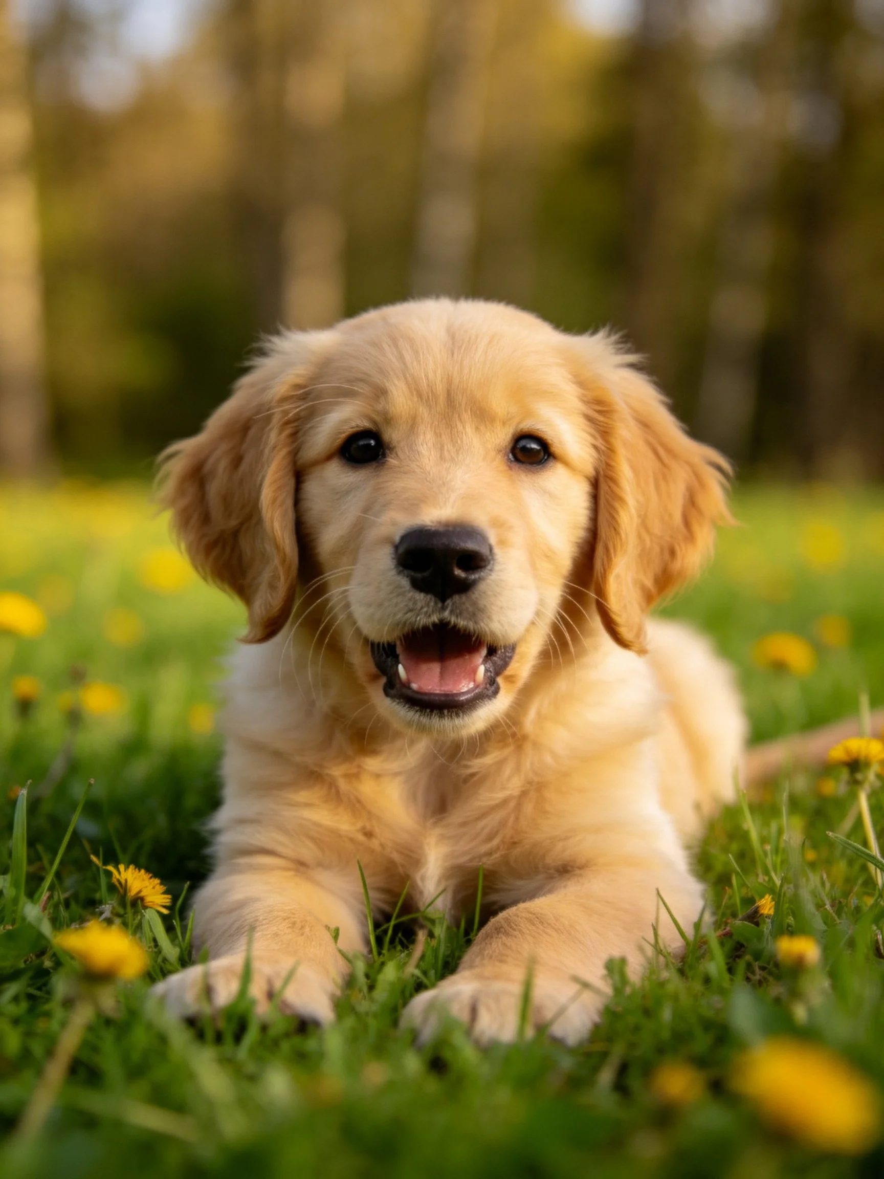 A golden retriever puppy relaxes in a field of green grass and yellow blooms.