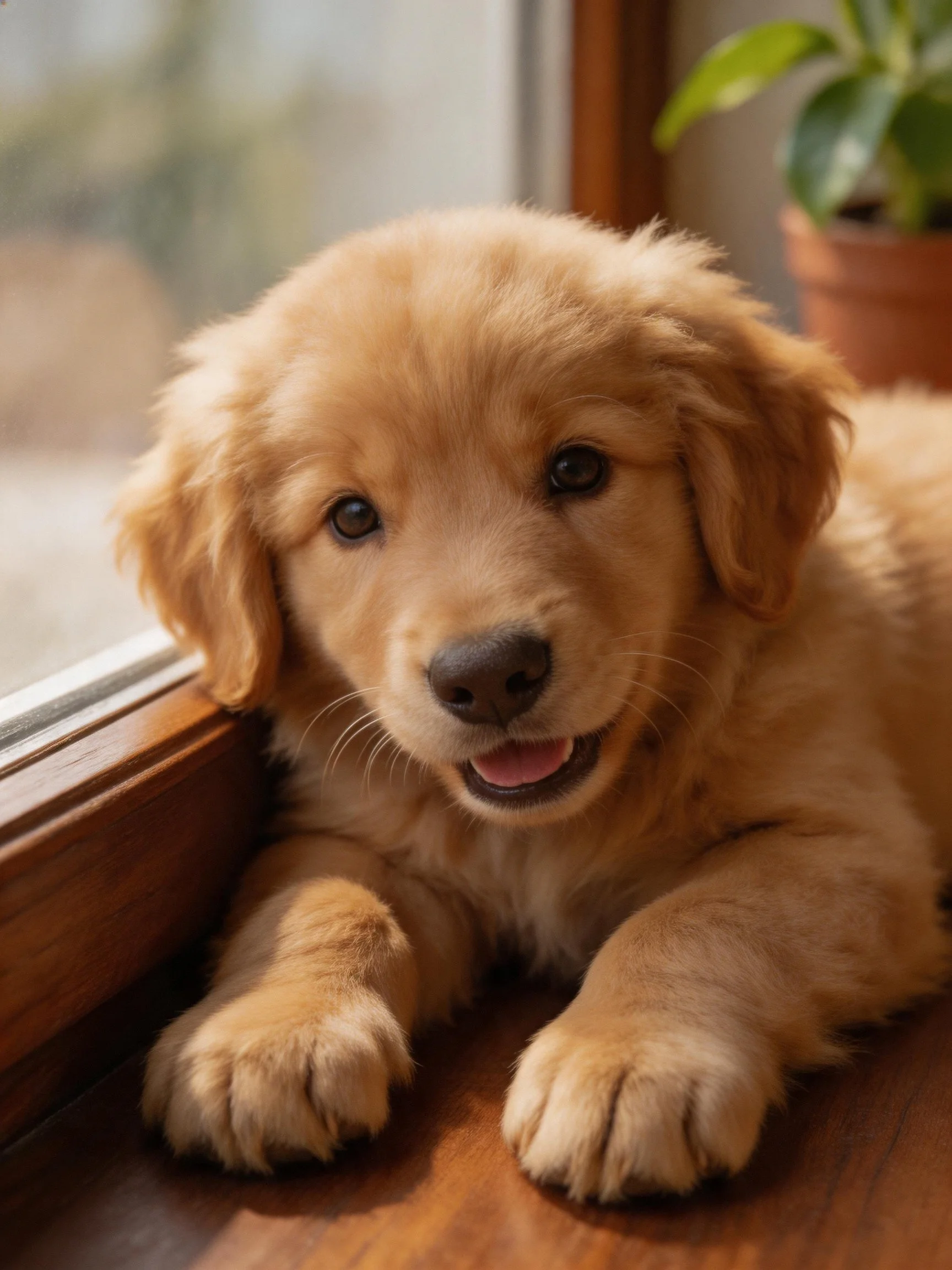 A golden retriever puppy relaxes near a wooden window in a cozy indoor space.