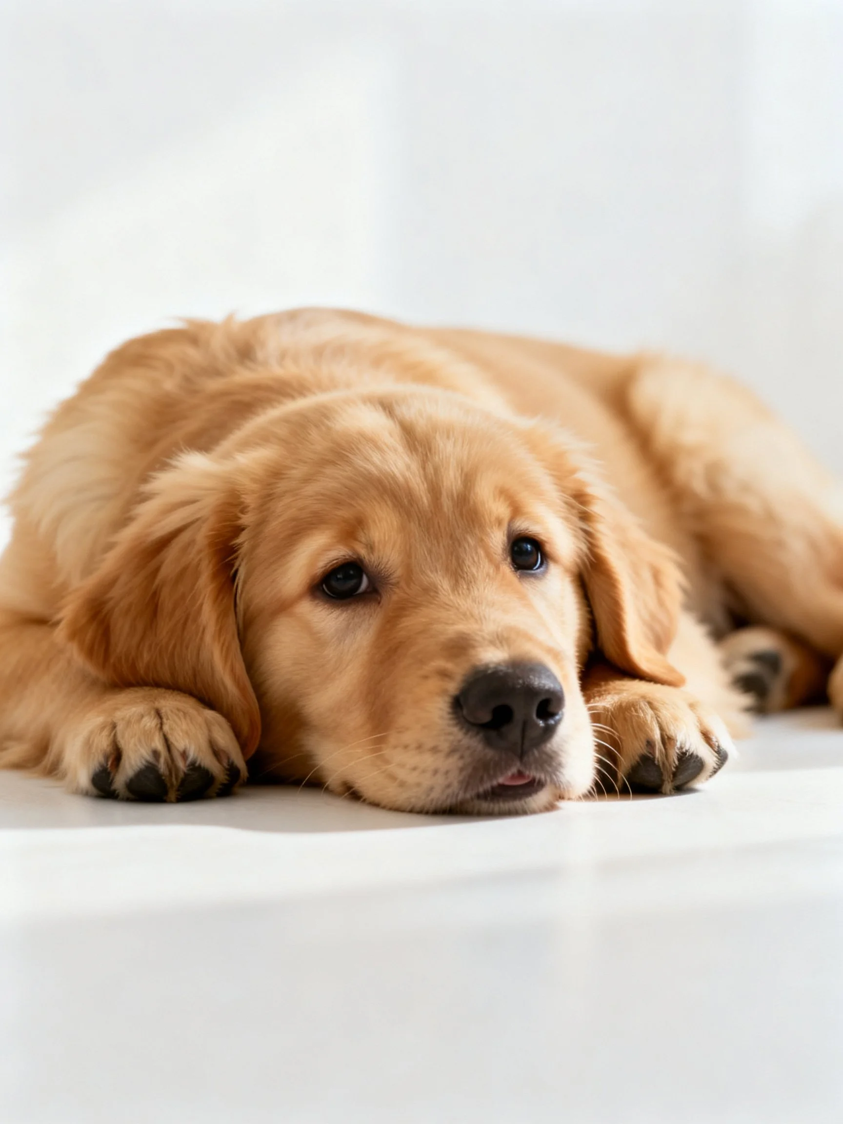 A golden retriever puppy lies calmly on a white surface.