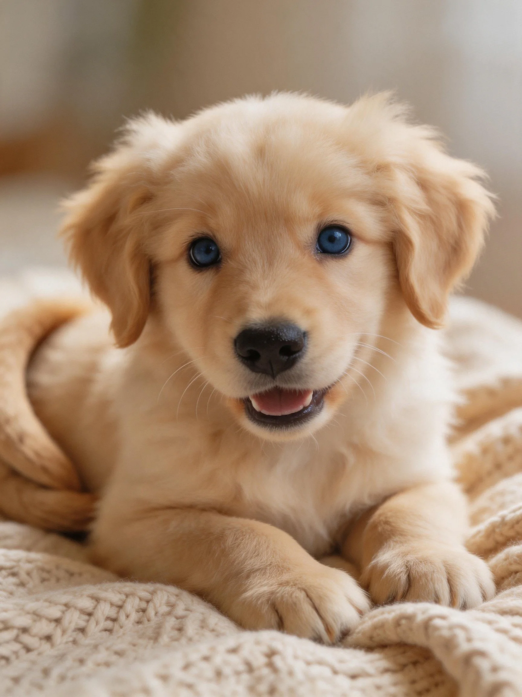 A golden retriever puppy relaxes on a soft cream blanket.