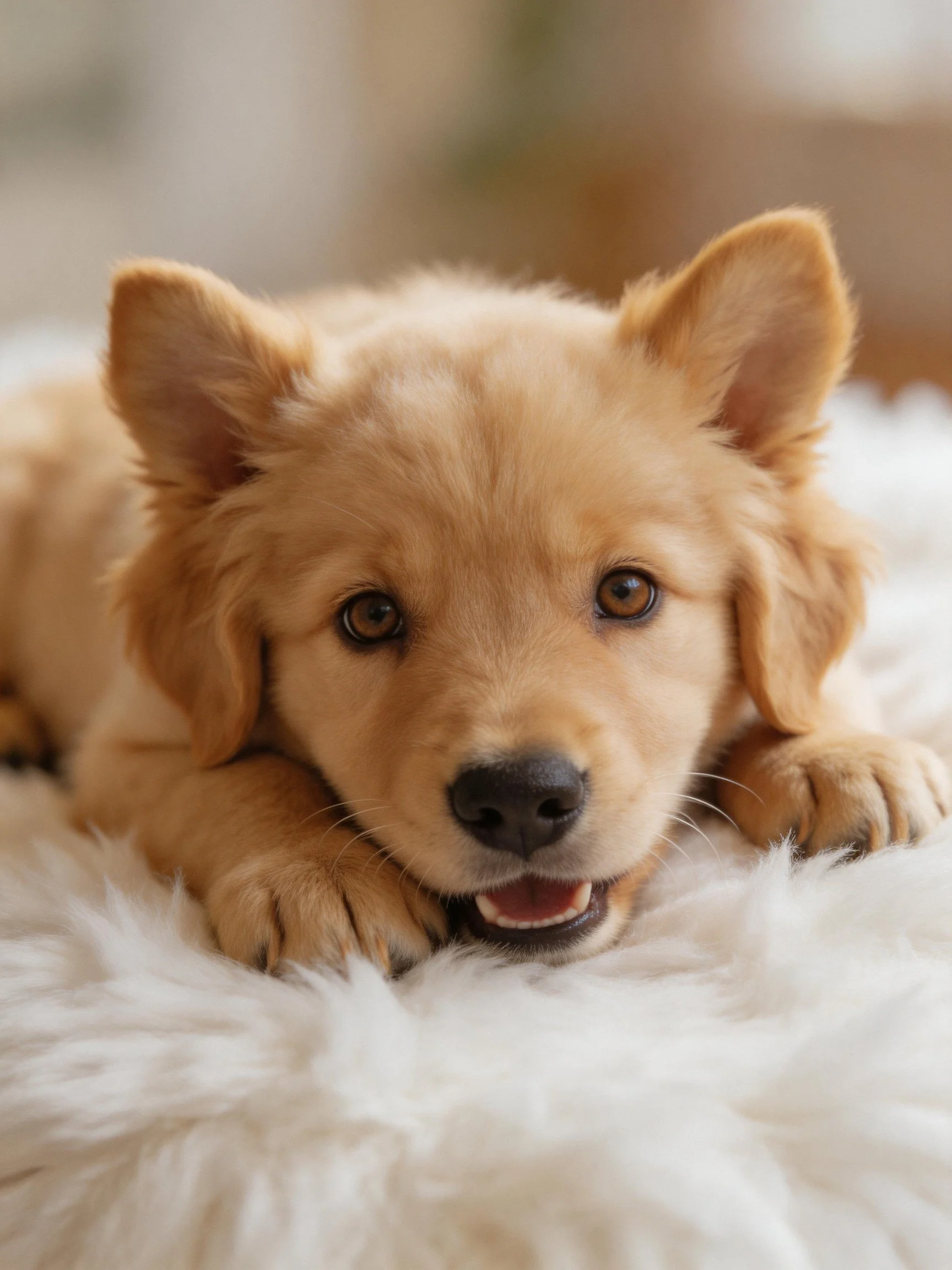 A golden retriever puppy relaxes on a soft, fluffy white cushion.