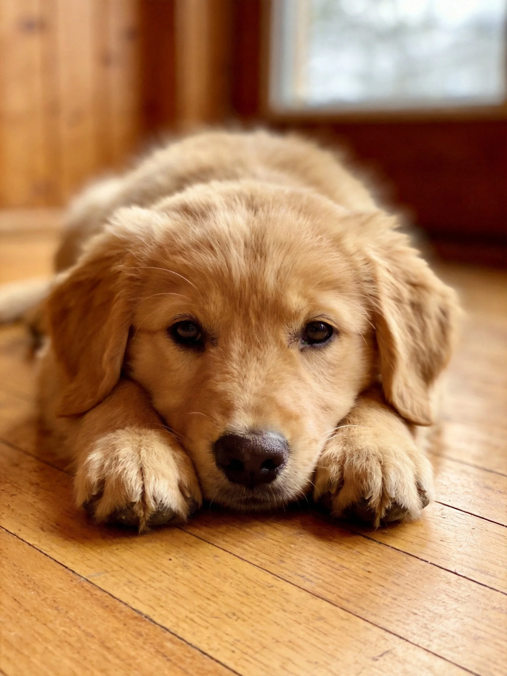 A golden retriever puppy lies calmly on a wooden floor.