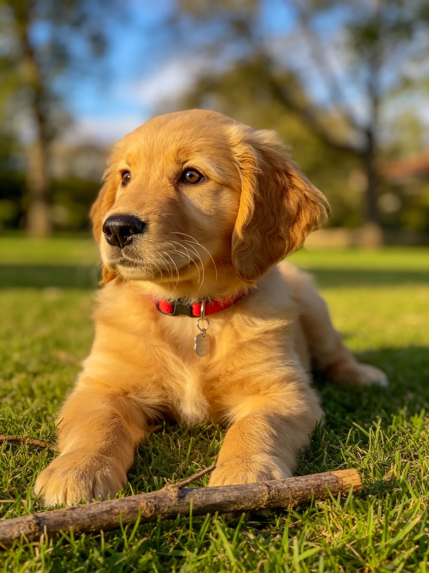 A golden retriever puppy relaxes on grass with a stick nearby in a sunny outdoor setting.