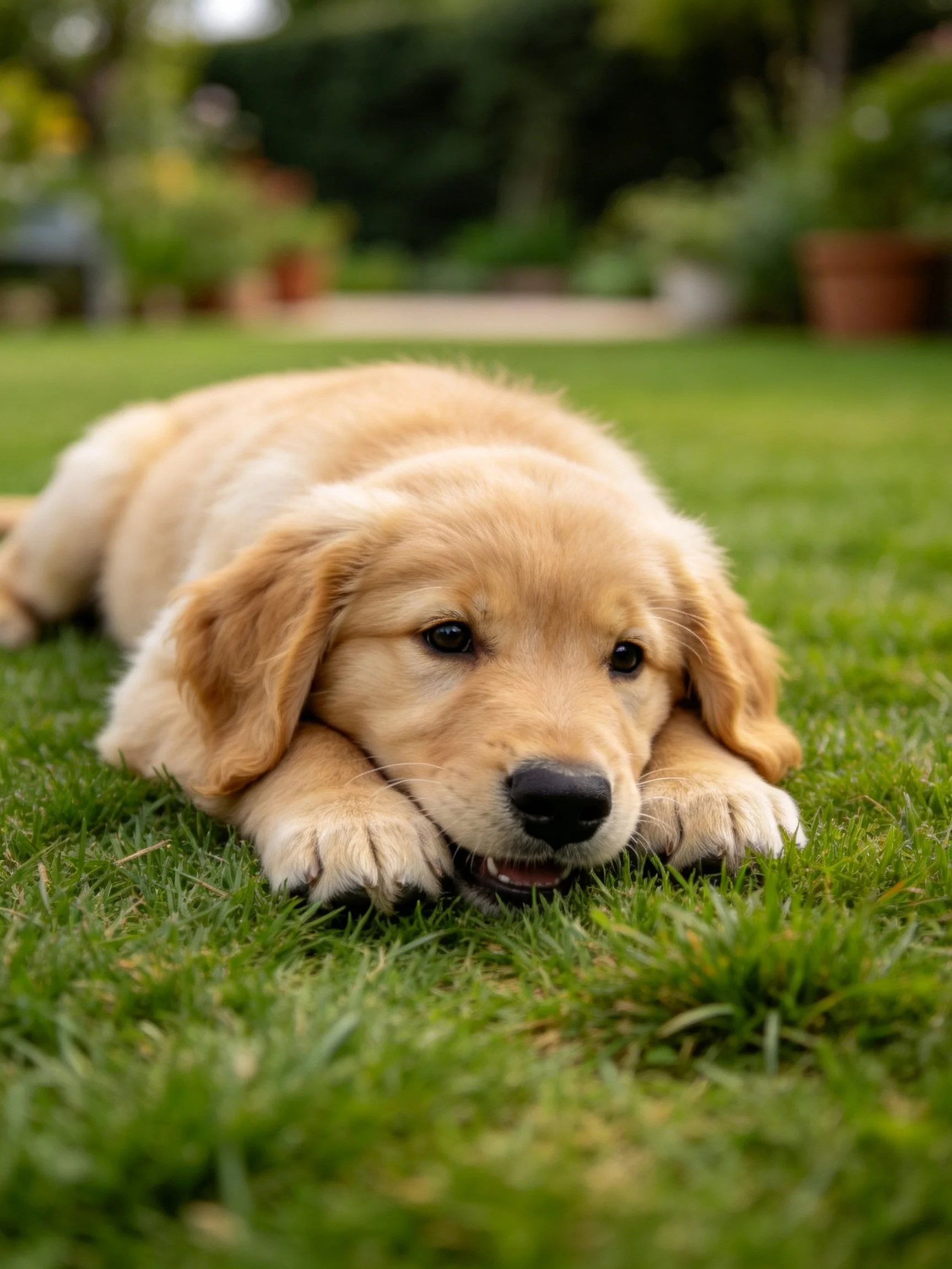 A golden retriever puppy relaxes on green grass in an outdoor garden.