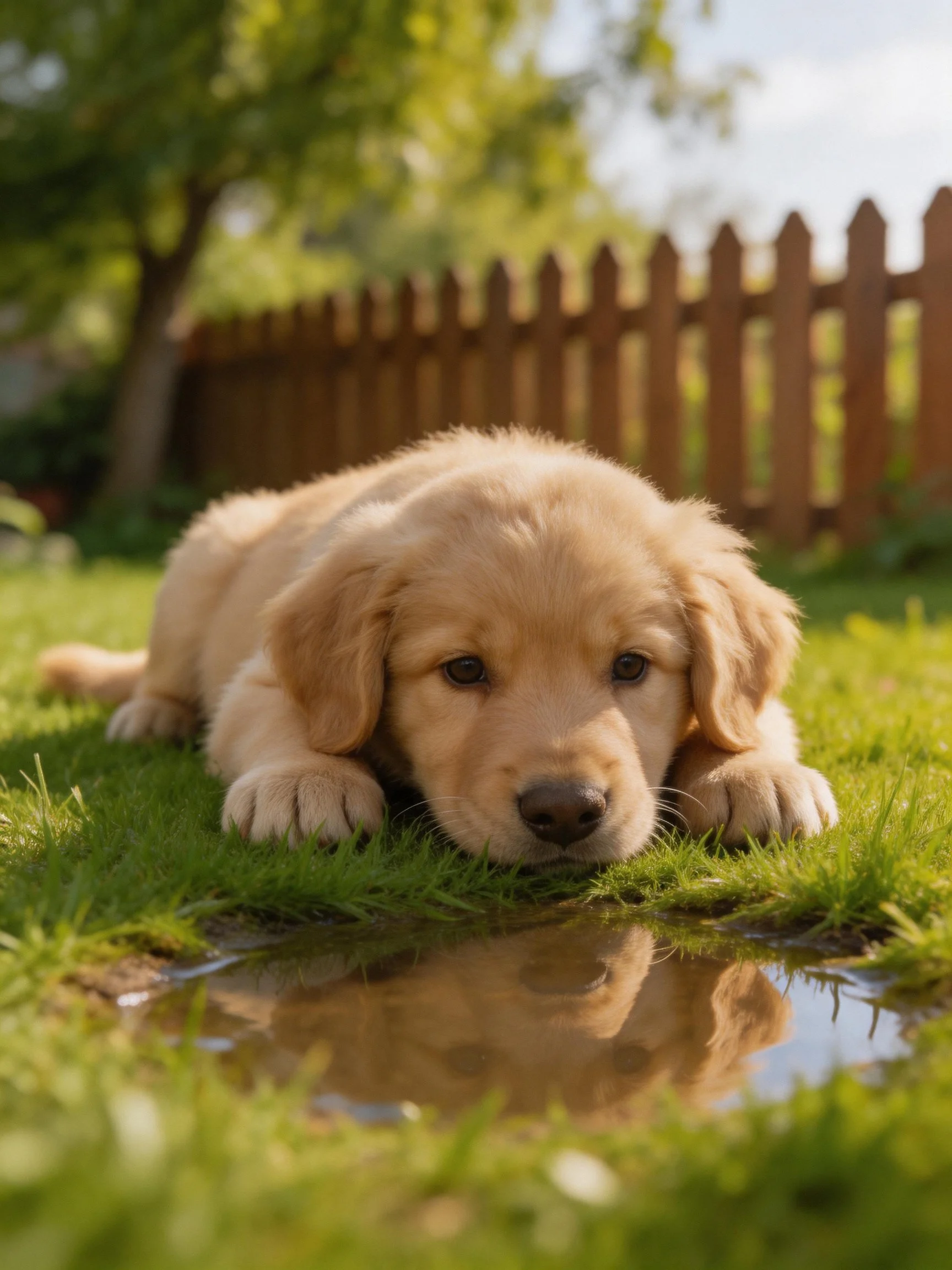A golden retriever puppy relaxes on grass beside a small puddle in a sunny yard.