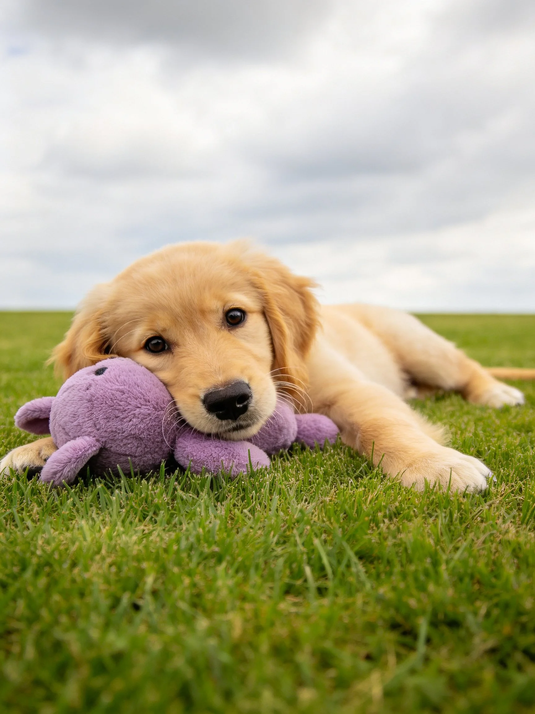 A golden retriever puppy lies with a purple stuffed toy on lush green grass.
