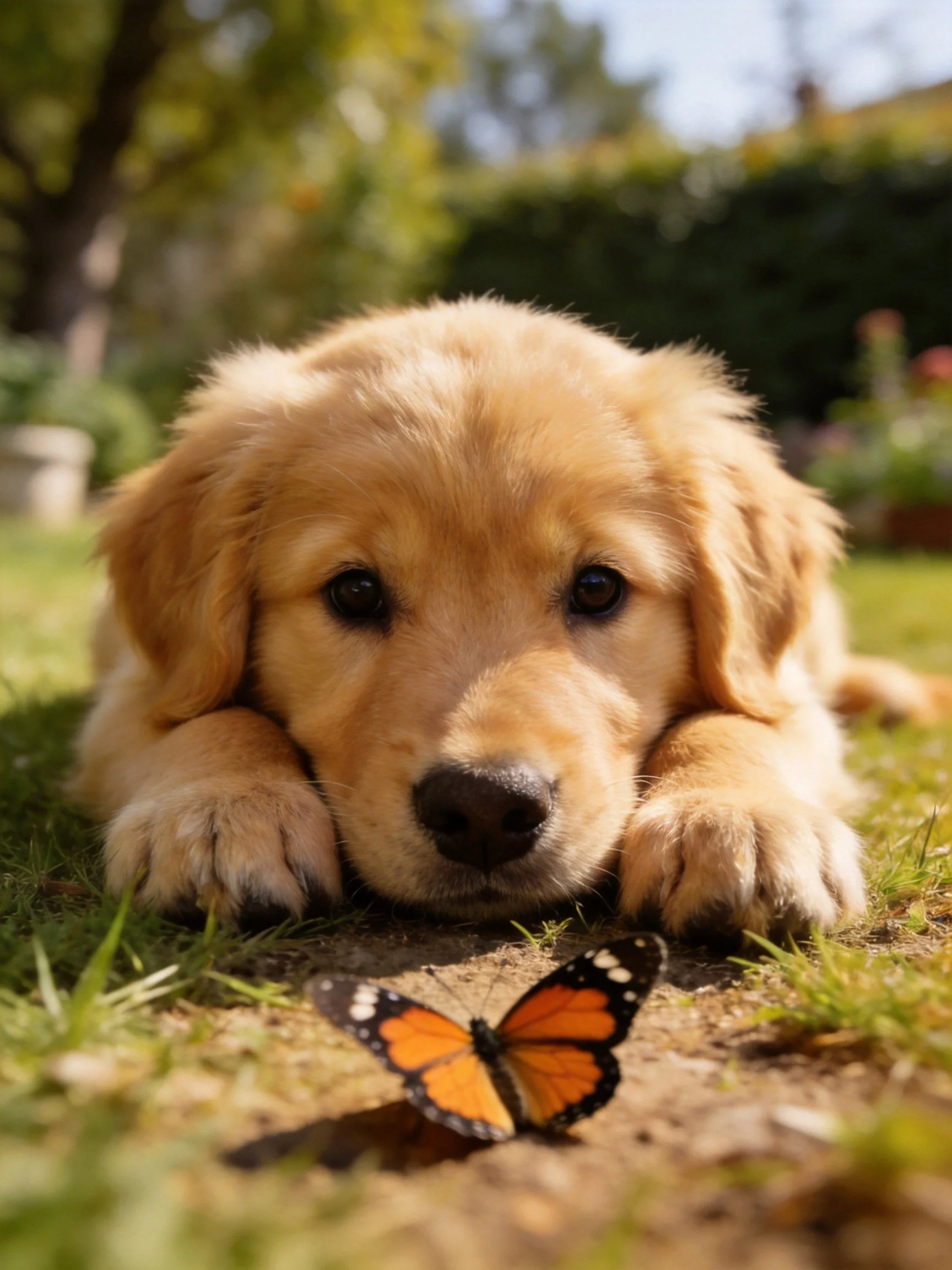 A golden retriever puppy lies close to a monarch butterfly in a sunlit outdoor area.