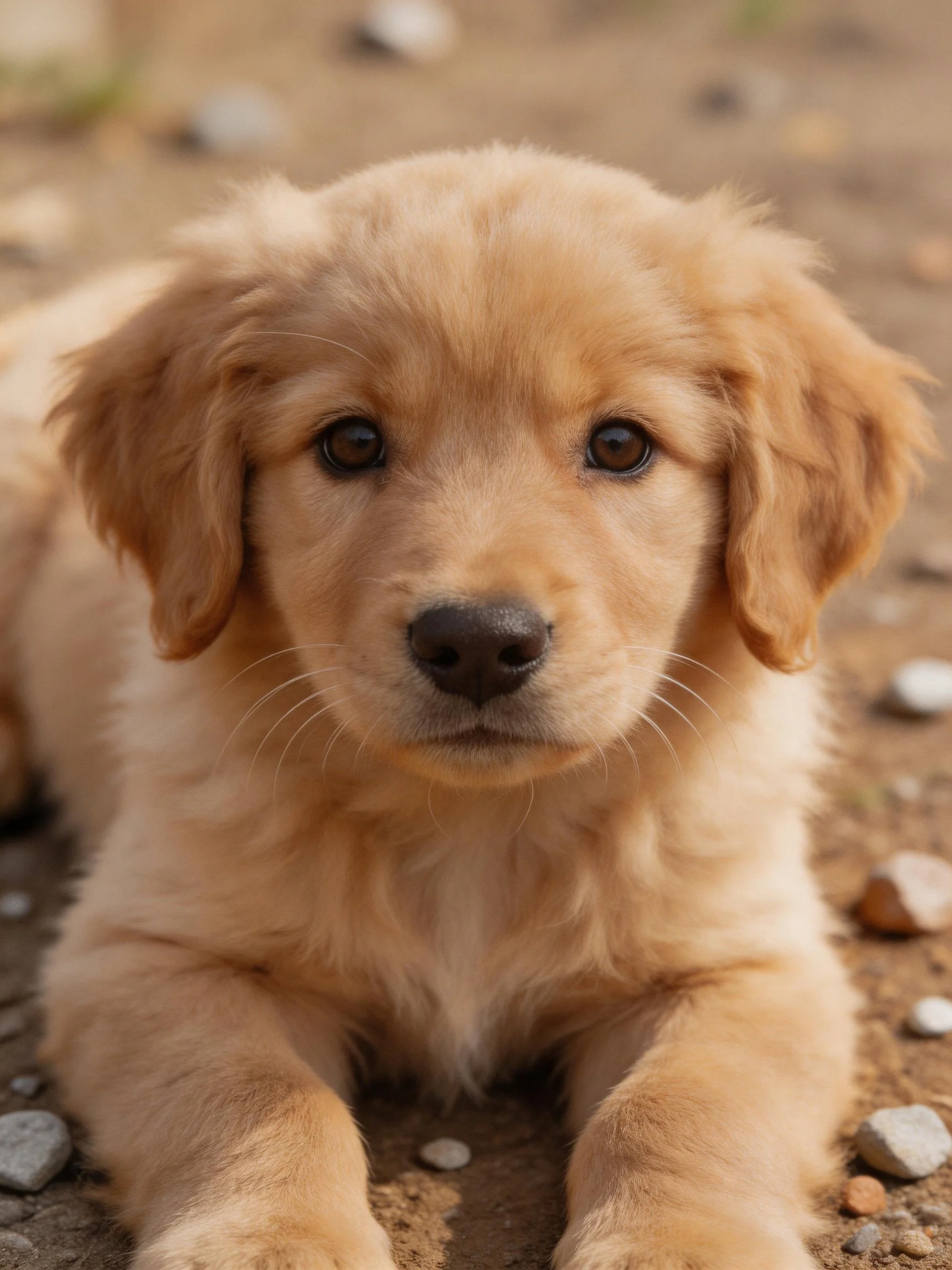 A golden retriever puppy lies calmly on a gravelly dirt surface.