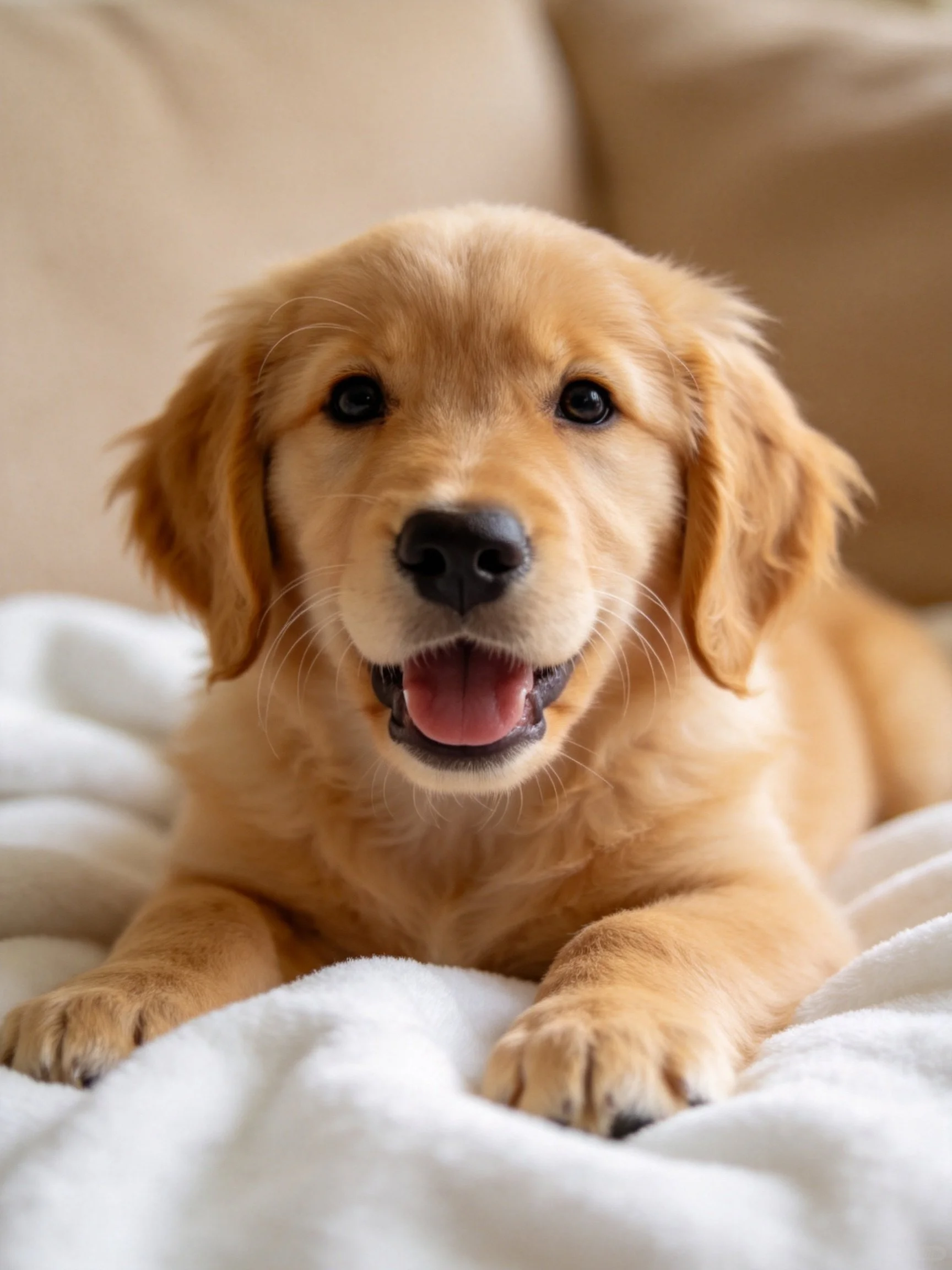 A golden retriever puppy relaxes on a white blanket in a cozy setting.
