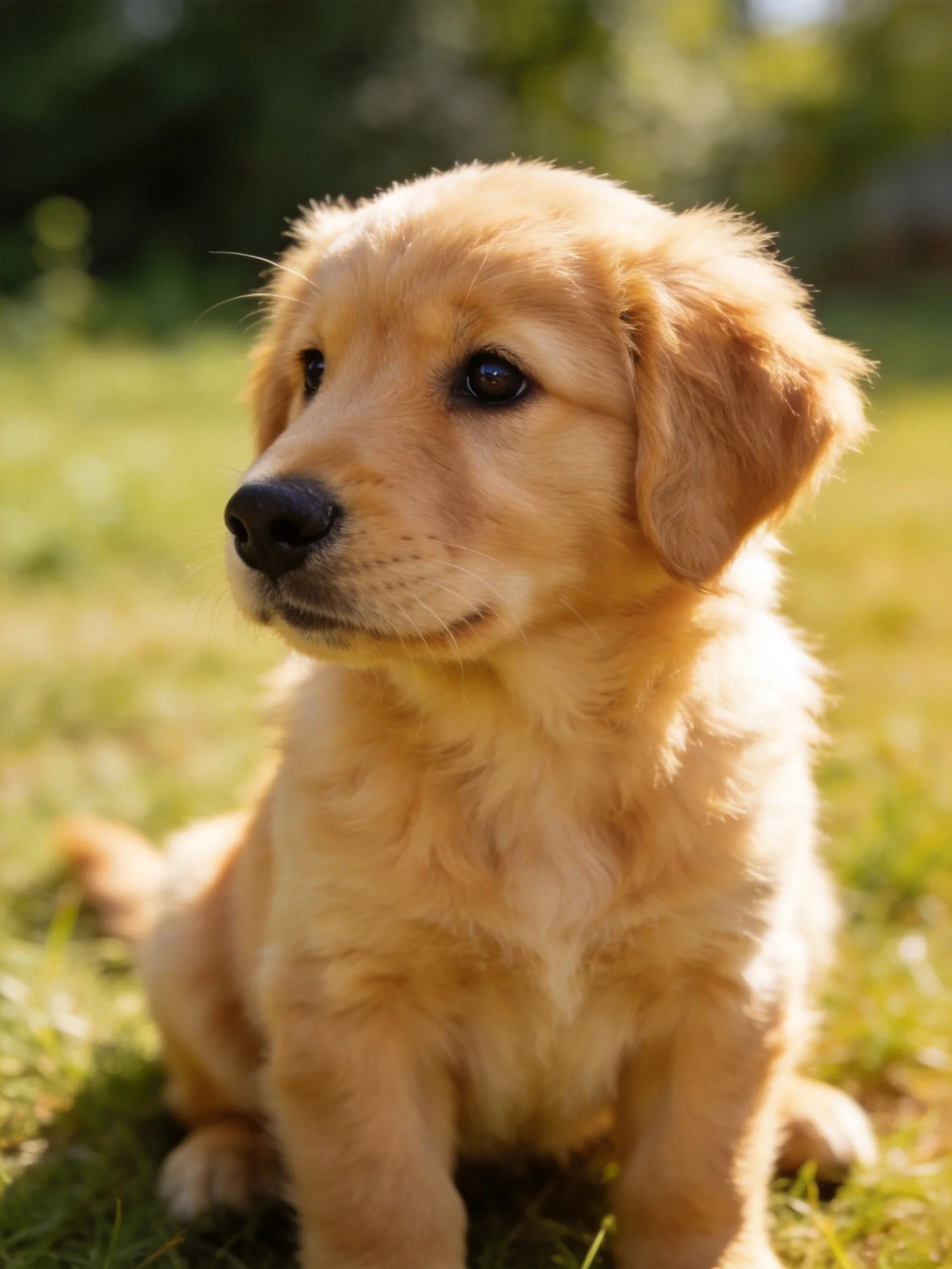 A golden retriever puppy sits calmly on grass in a sunlit outdoor area.